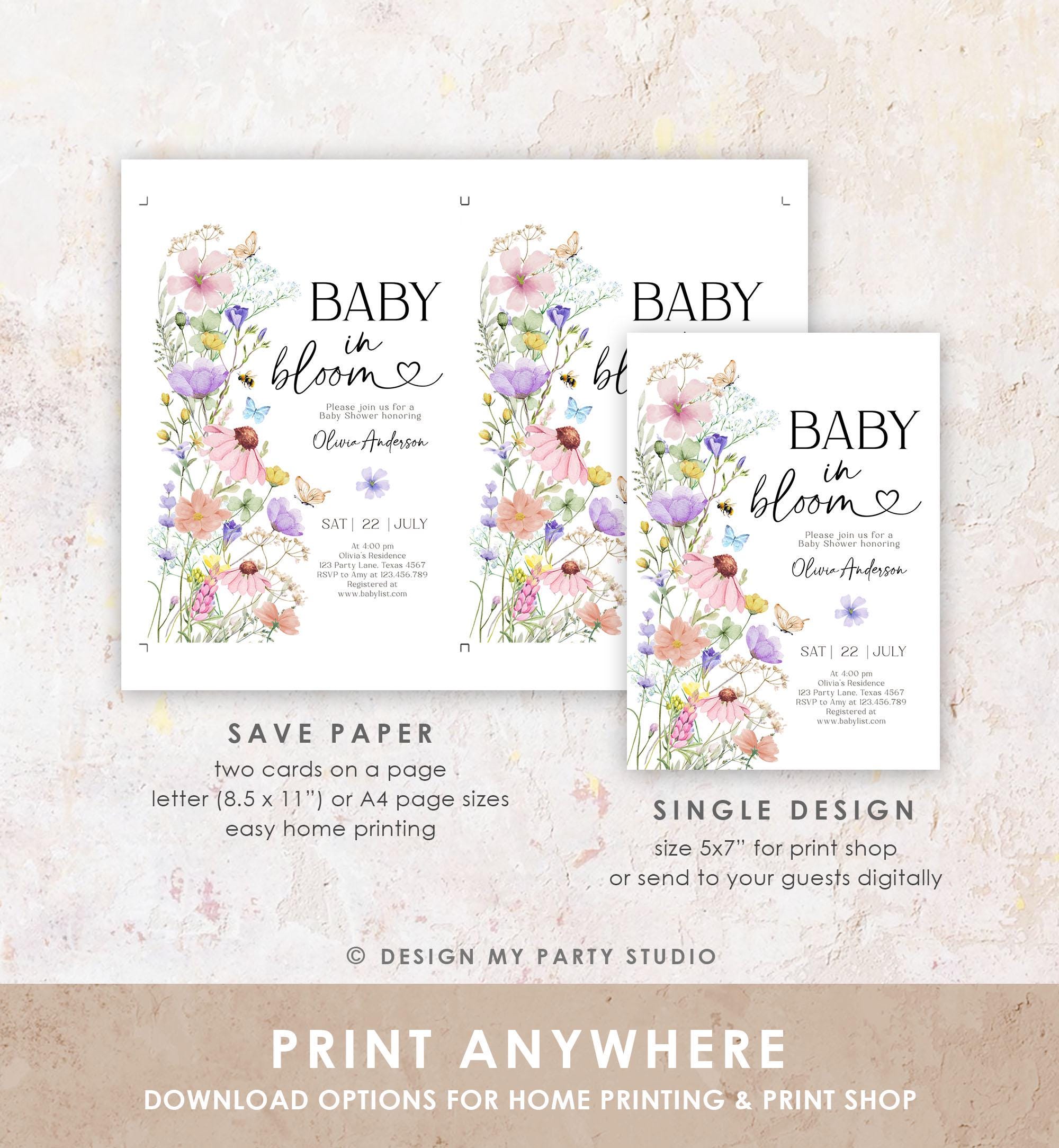 Editable Baby in Bloom Invitation Wildflowers Baby Shower Spring Butterflies Wild Flower Instant Download Template Digital Printable 0543