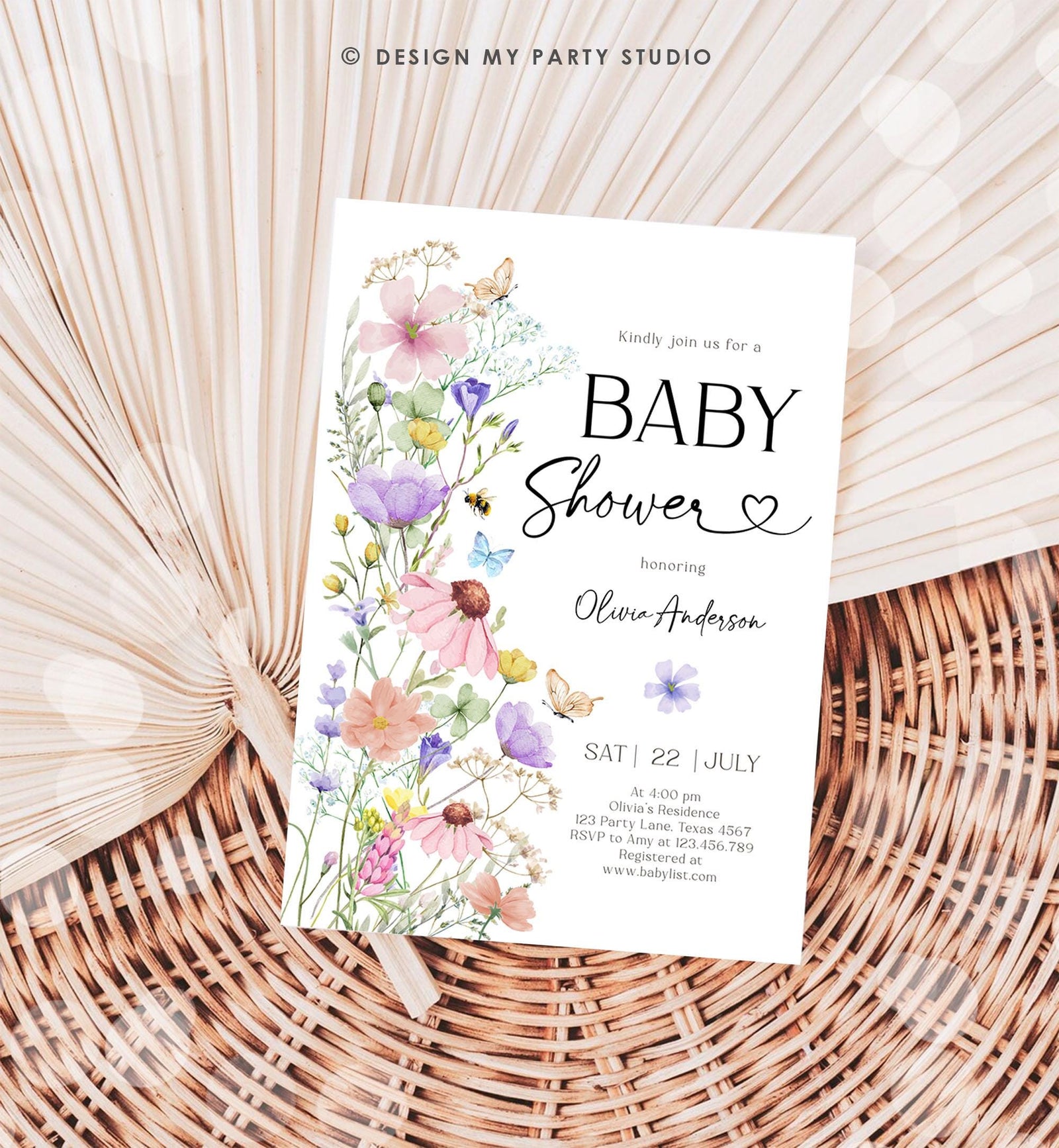 Editable Boho Wildflower Baby Shower Invitation Baby in Bloom Invitation Butterflies Wild Flower Download Template Digital Printable 0543