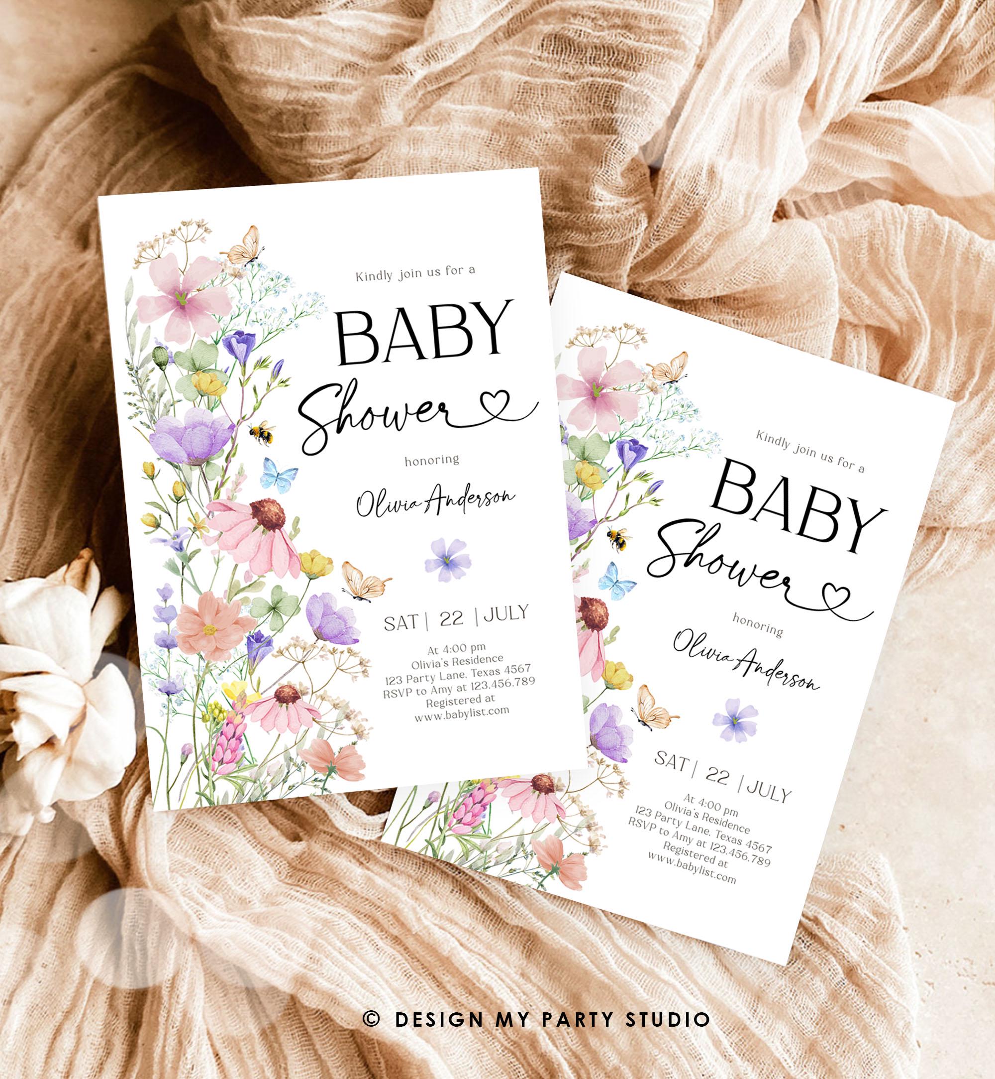 Editable Boho Wildflower Baby Shower Invitation Baby in Bloom Invitation Butterflies Wild Flower Download Template Digital Printable 0543