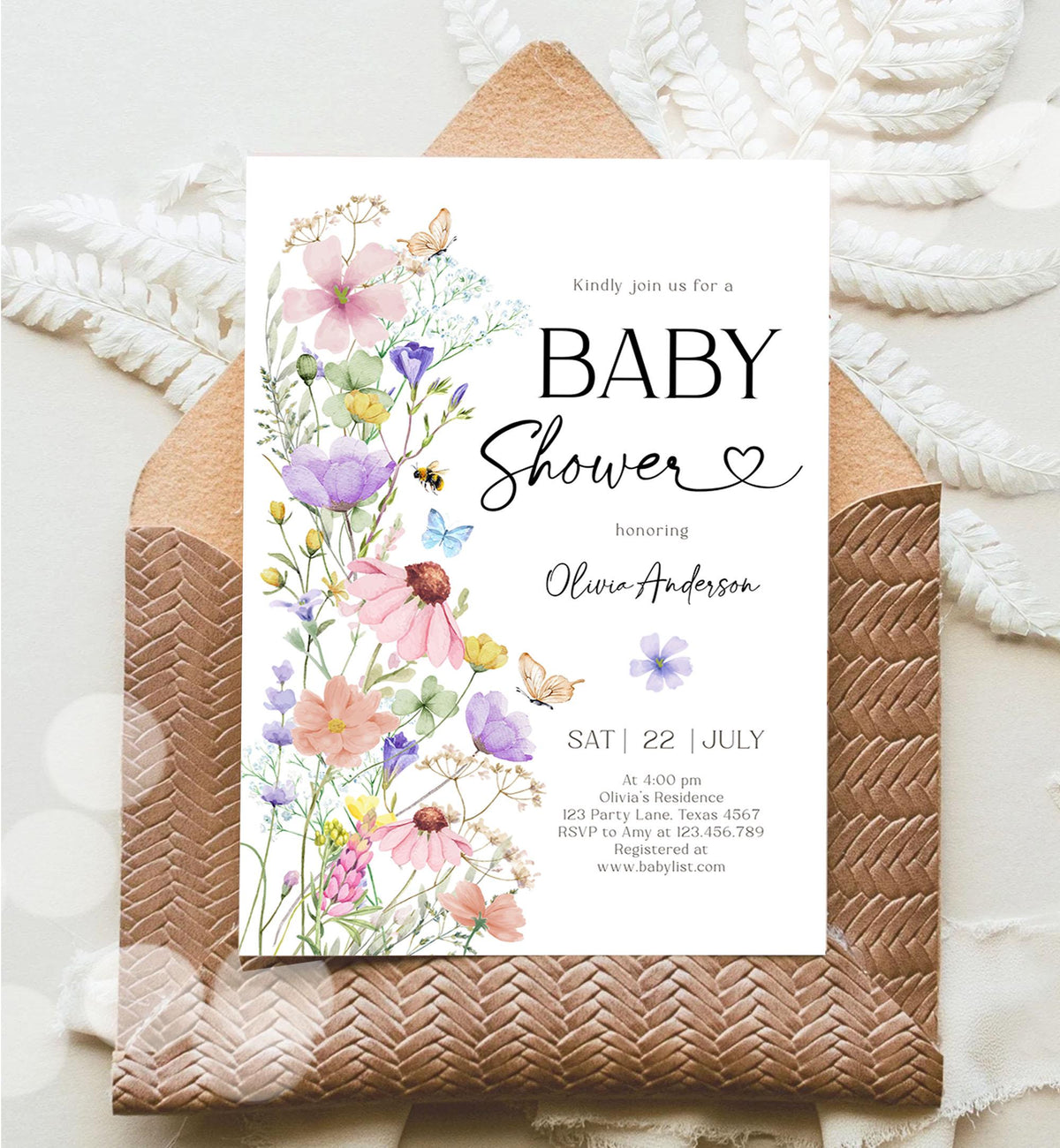 Editable Boho Wildflower Baby Shower Invitation Baby in Bloom Invitation Butterflies Wild Flower Download Template Digital Printable 0543