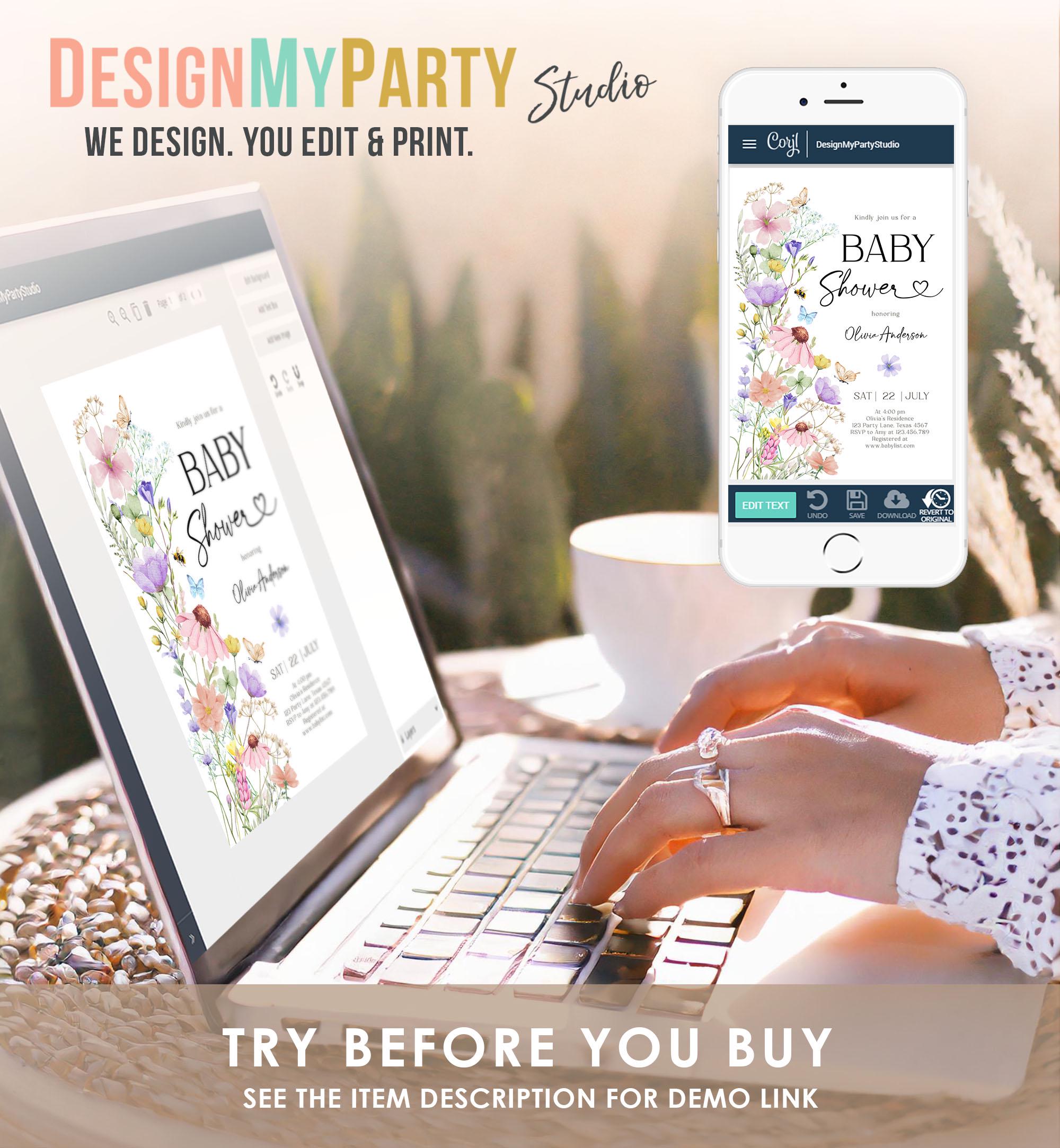 Editable Boho Wildflower Baby Shower Invitation Baby in Bloom Invitation Butterflies Wild Flower Download Template Digital Printable 0543