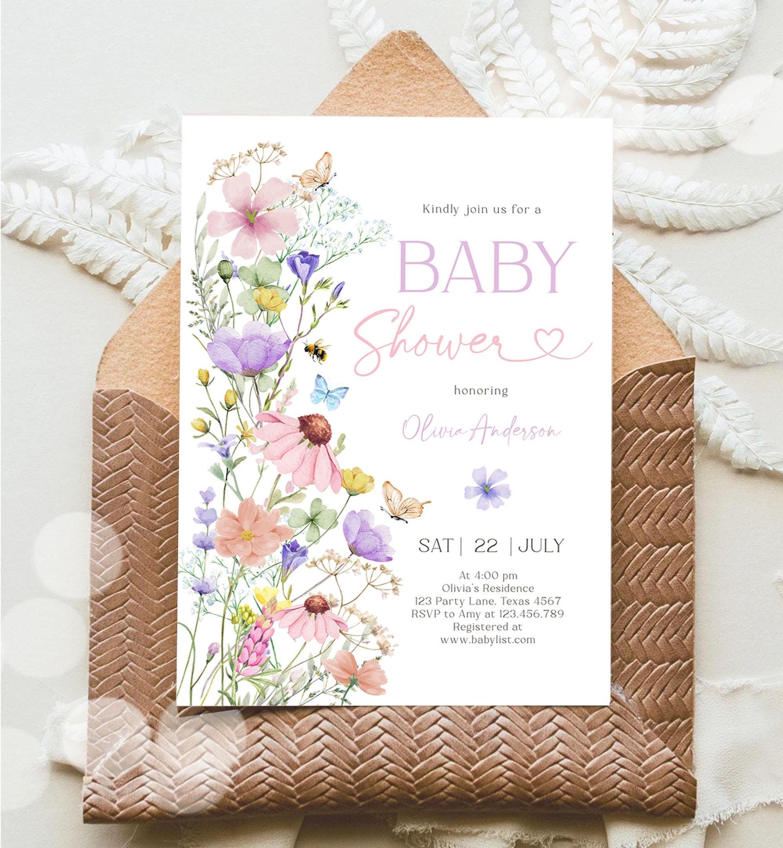 Editable Boho Wildflower Baby Shower Invitation Baby in Bloom Invitation Butterflies Wild Flower Download Template Digital Printable 0543