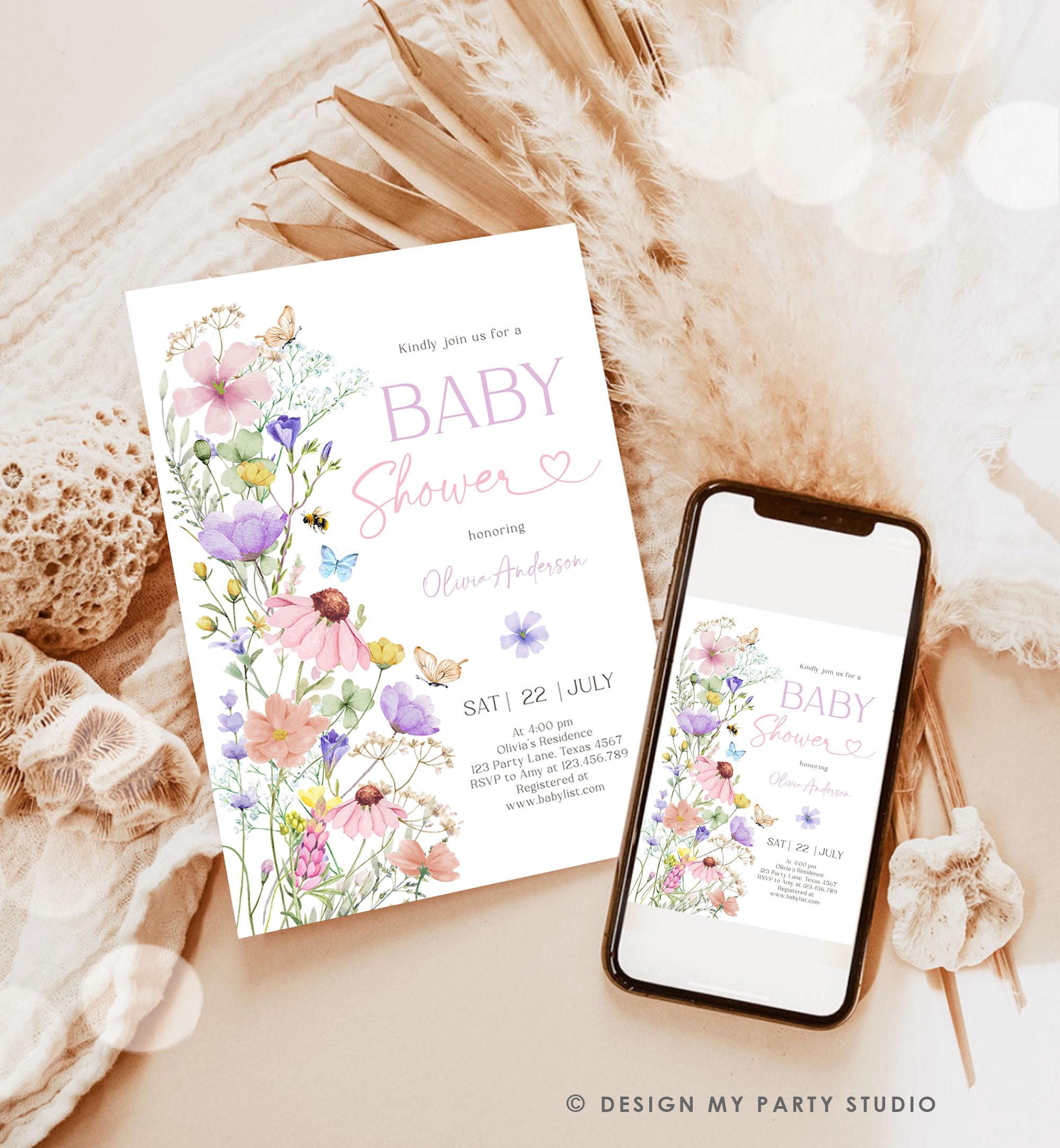 Editable Boho Wildflower Baby Shower Invitation Baby in Bloom Invitation Butterflies Wild Flower Download Template Digital Printable 0543
