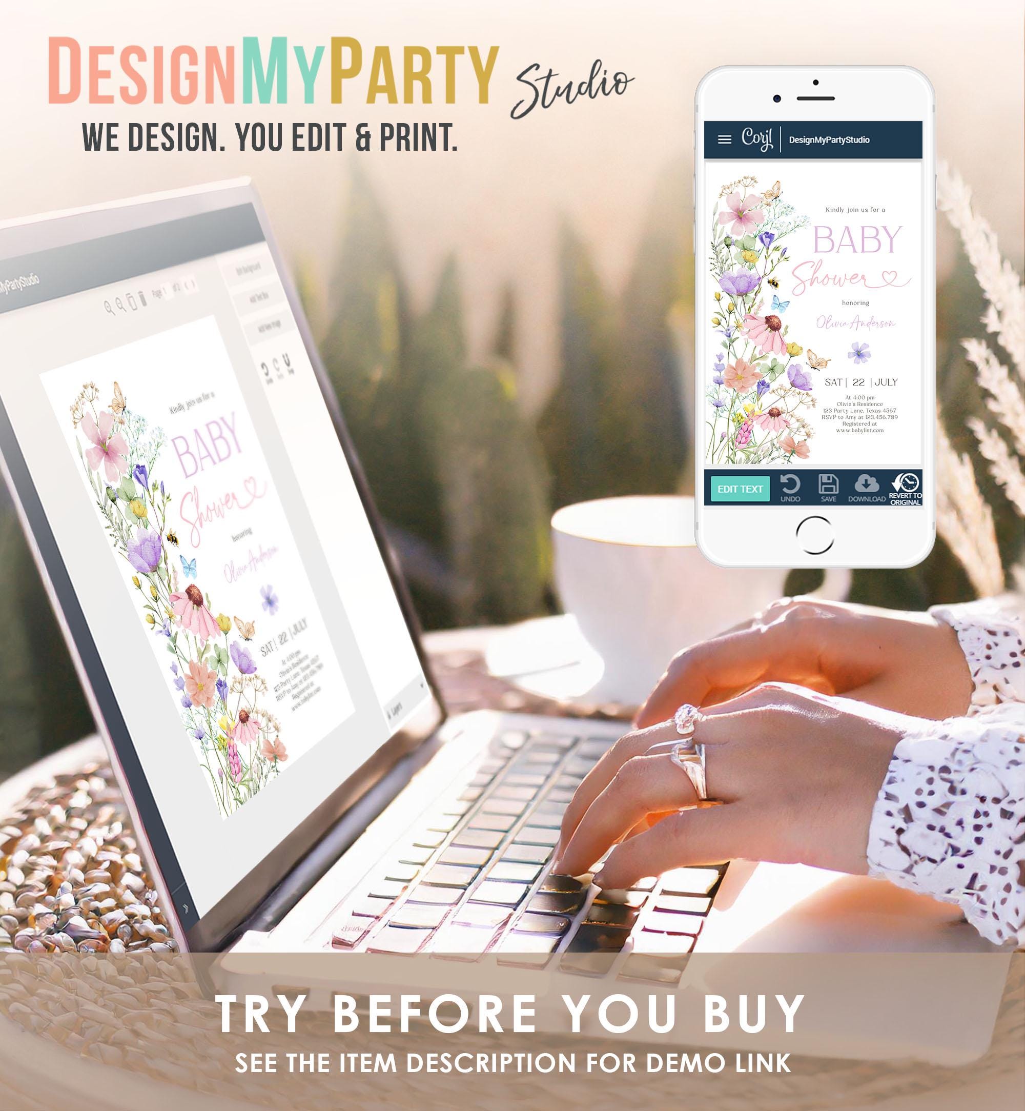 Editable Boho Wildflower Baby Shower Invitation Baby in Bloom Invitation Butterflies Wild Flower Download Template Digital Printable 0543