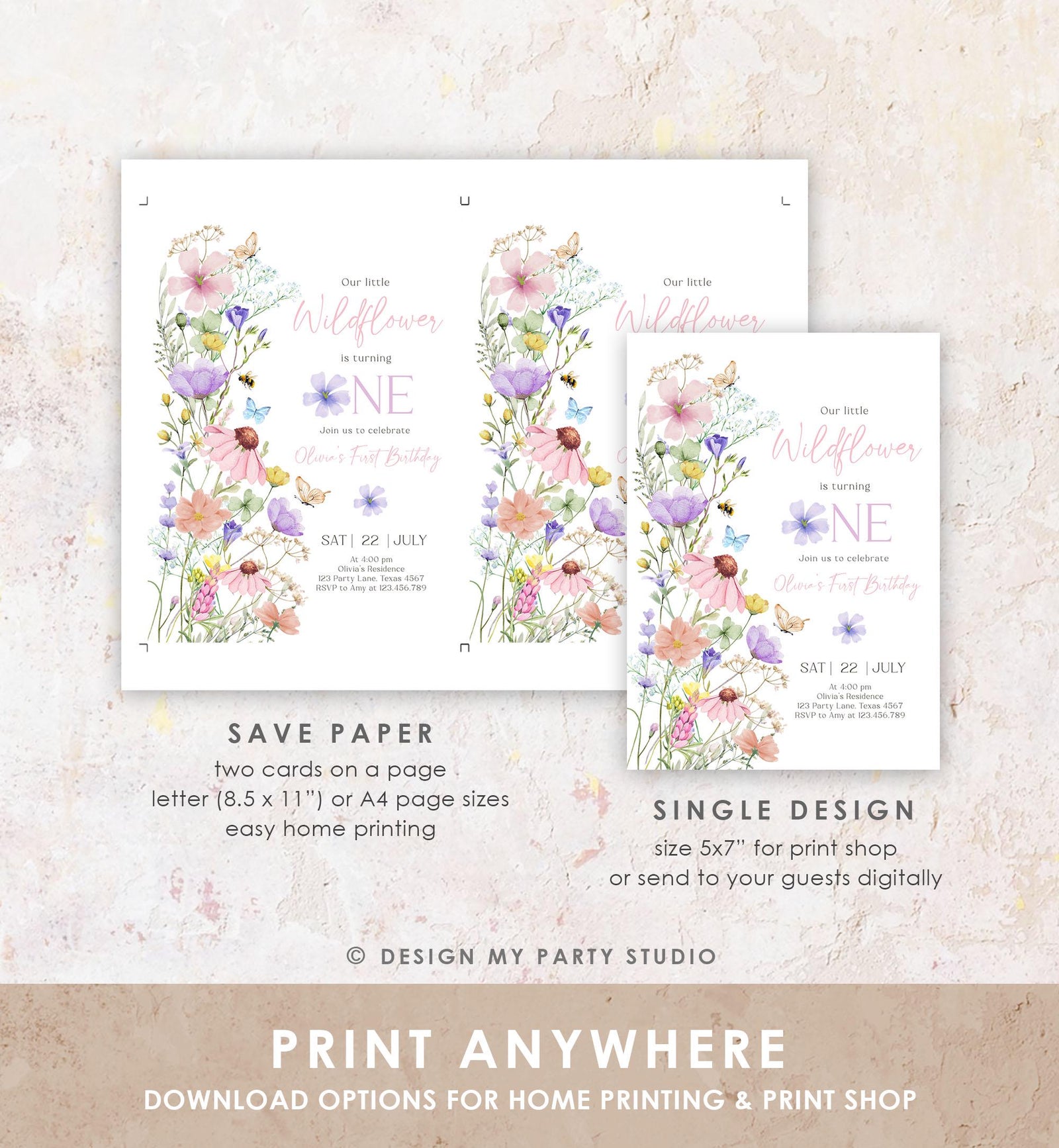 Editable Wildflowers Birthday Invitation Floral 1st Birthday Party Invite Garden Birthday Girl Digital Download Template Printable 0543