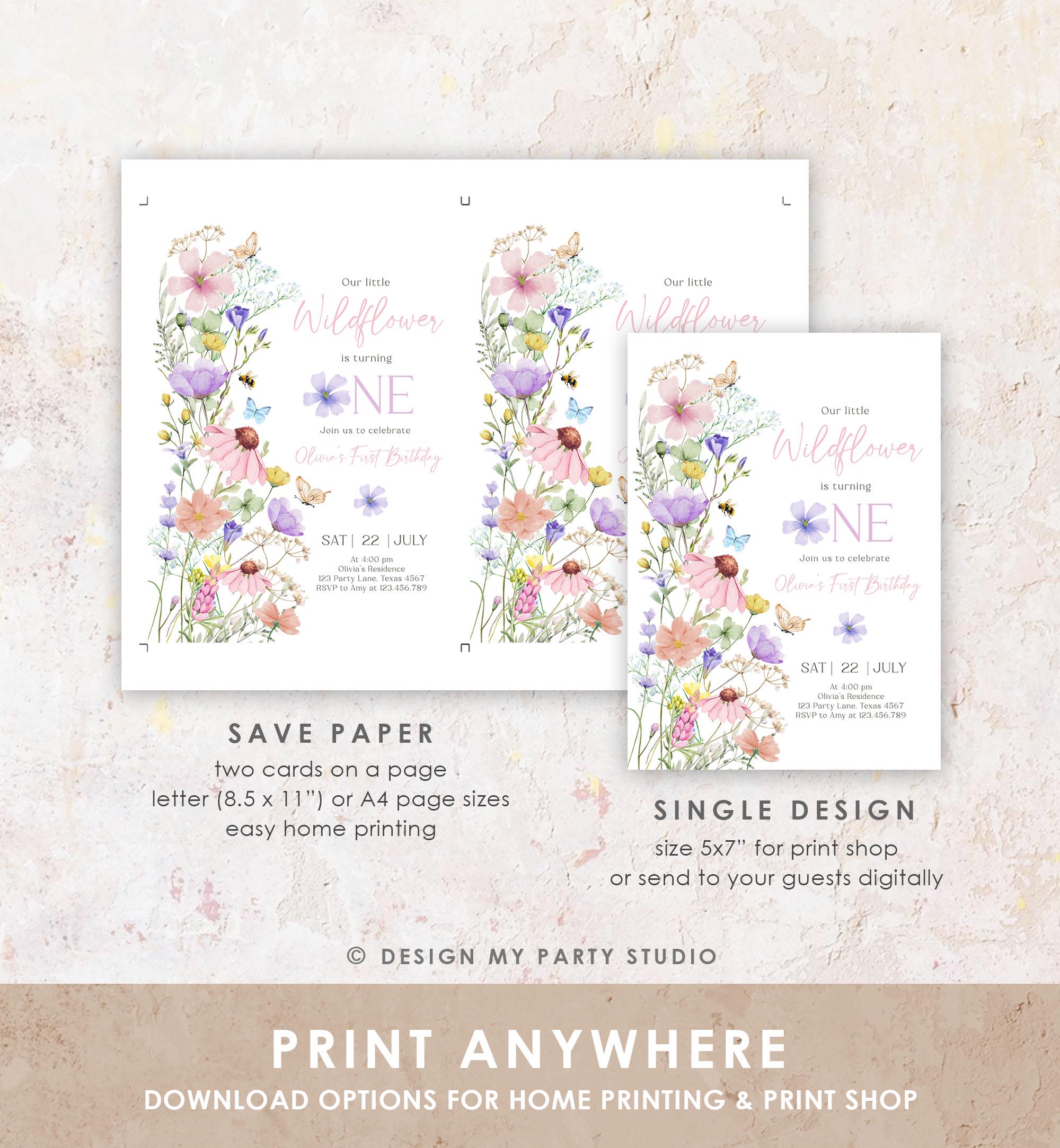 Editable Wildflowers Birthday Invitation Floral 1st Birthday Party Invite Garden Birthday Girl Digital Download Template Printable 0543