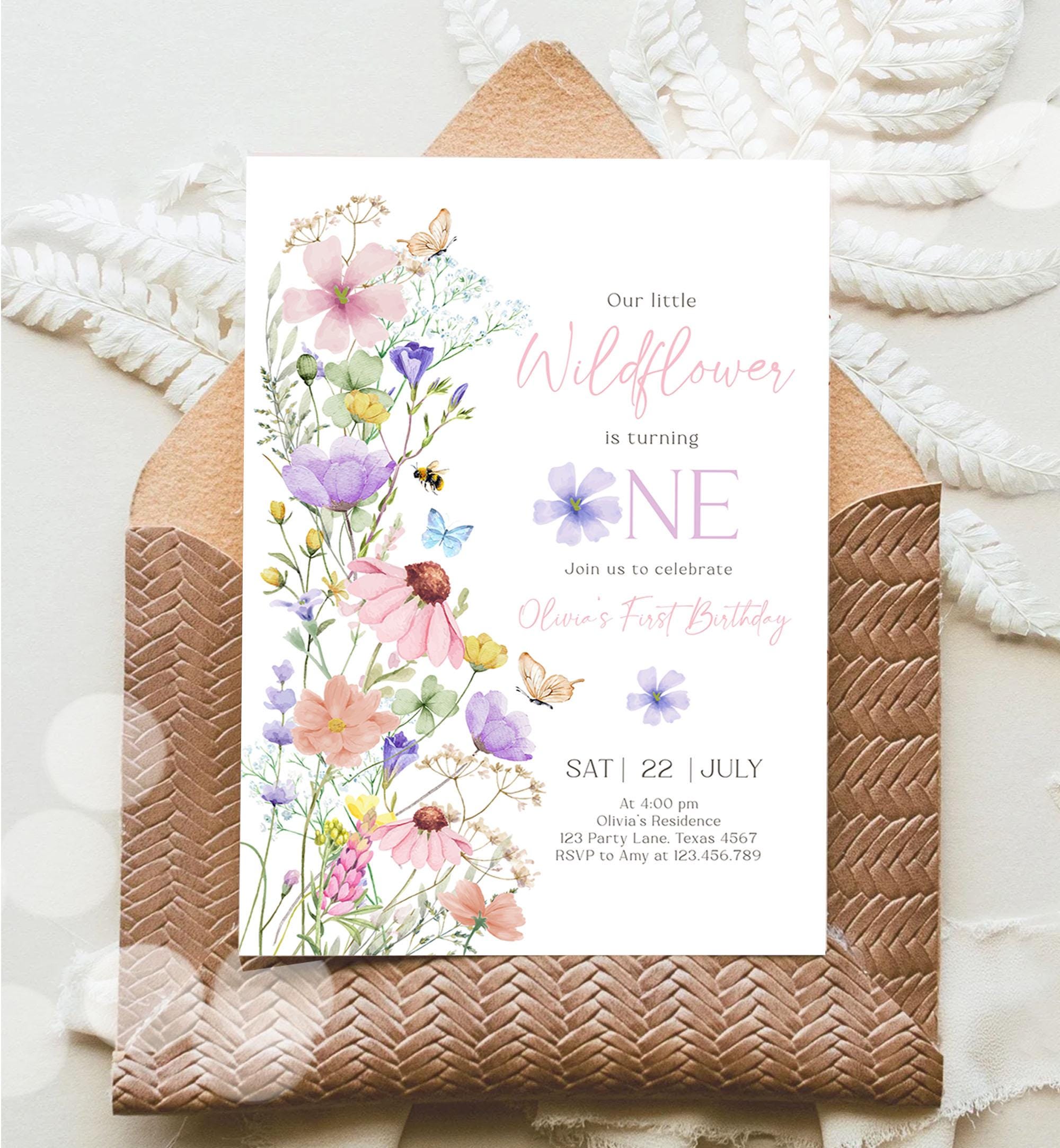 Editable Wildflowers Birthday Invitation Floral 1st Birthday Party Invite Garden Birthday Girl Digital Download Template Printable 0543