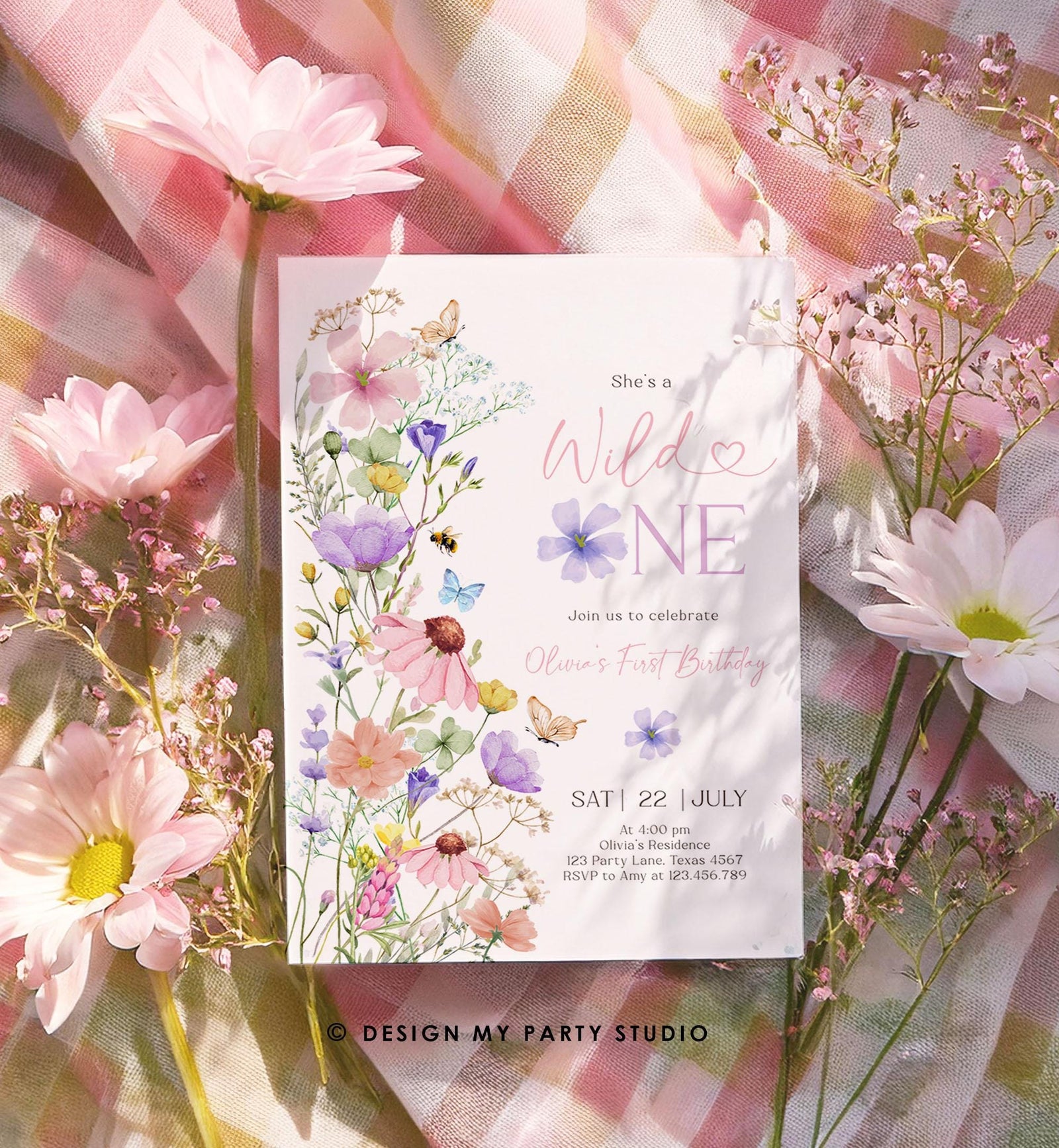 Editable Wildflower Wild One Birthday Invitation Floral 1st Birthday Daisy Butterfly Meadow Girl Digital Download Template Printable 0543