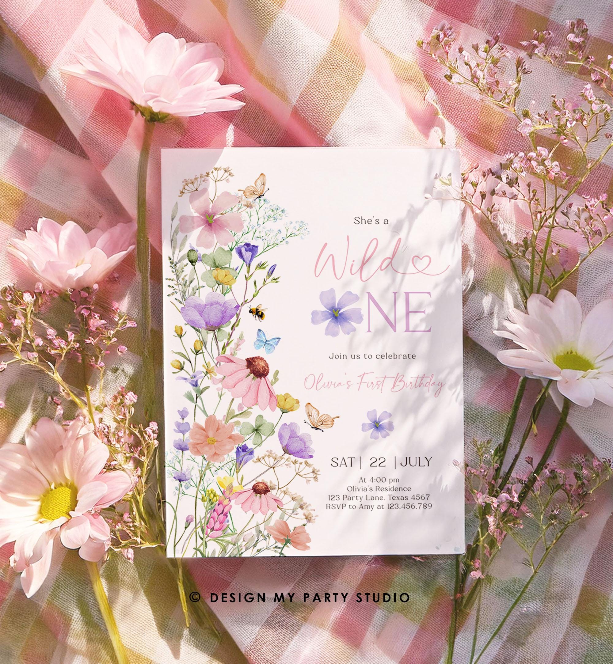 Editable Wildflower Wild One Birthday Invitation Floral 1st Birthday Daisy Butterfly Meadow Girl Digital Download Template Printable 0543