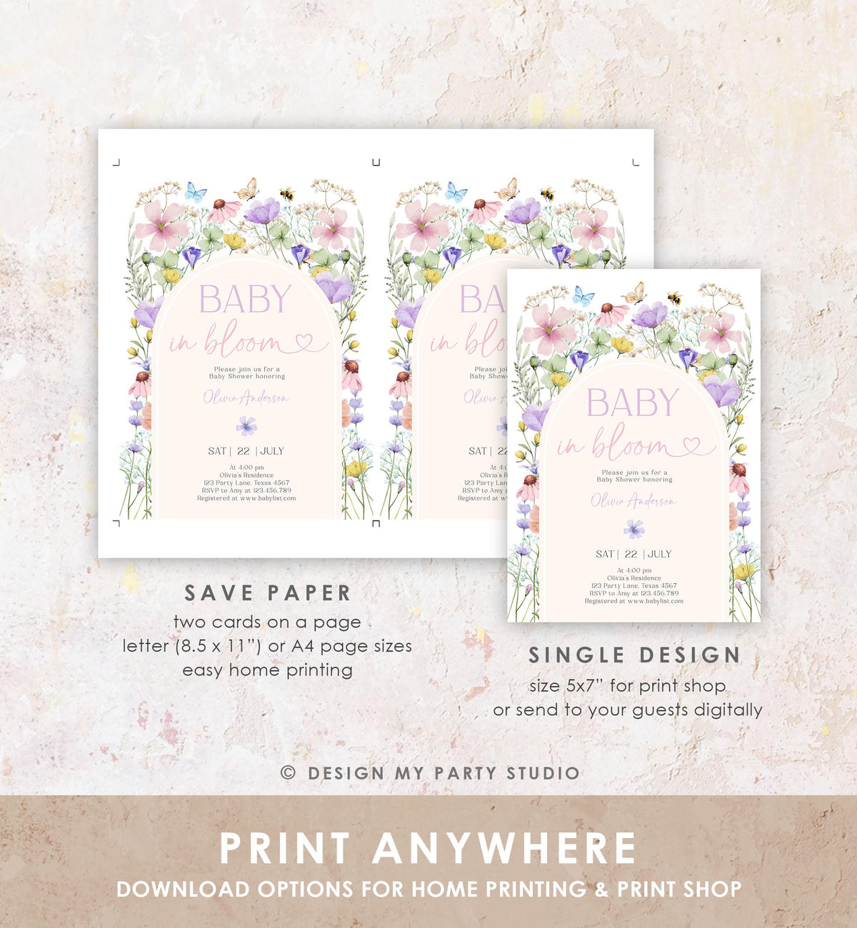 Editable Baby in Bloom Invitation Wildflowers Baby Shower Spring Butterflies Wild Flower Instant Download Template Digital Printable 0543