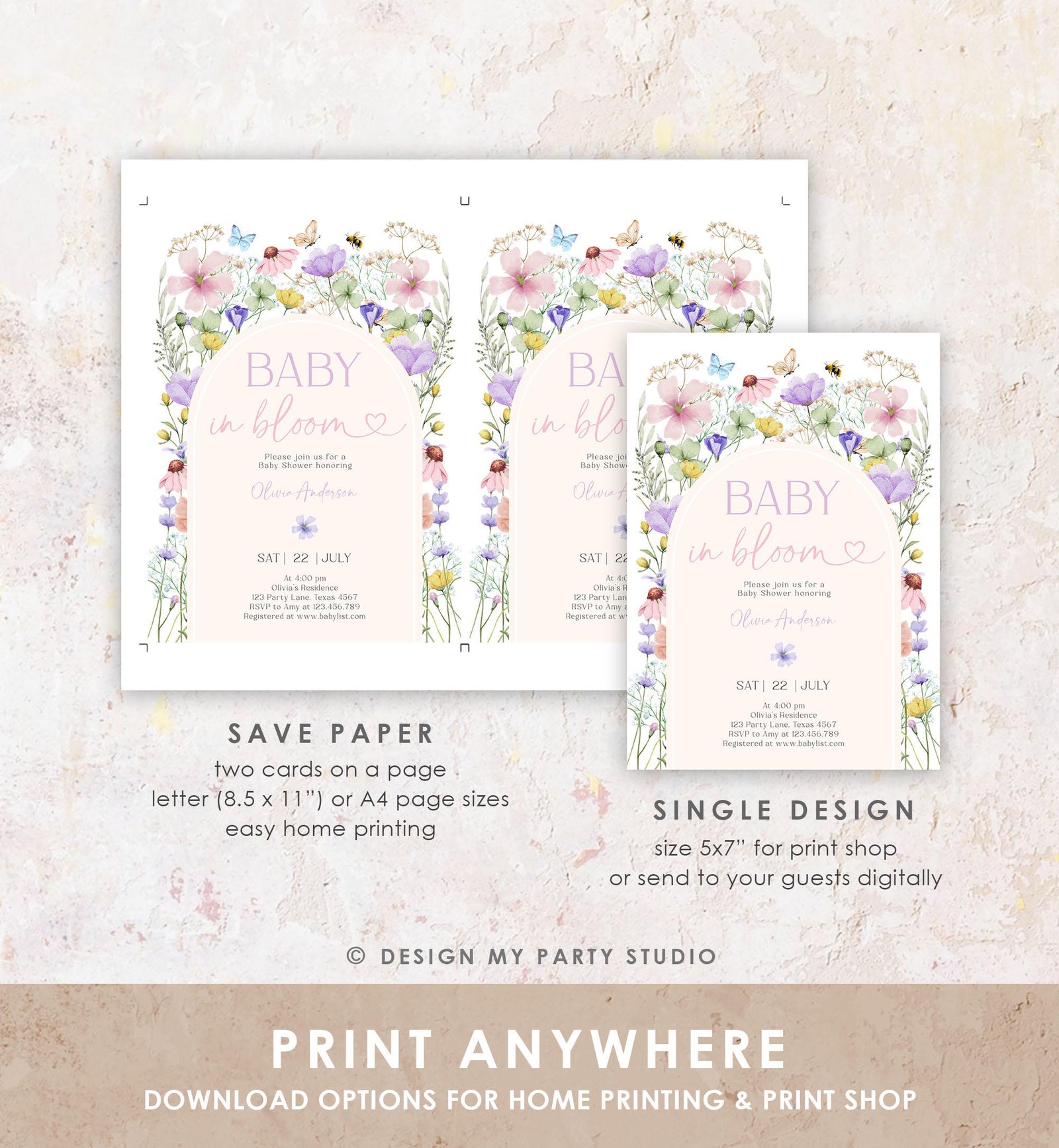 Editable Baby in Bloom Invitation Wildflowers Baby Shower Spring Butterflies Wild Flower Instant Download Template Digital Printable 0543