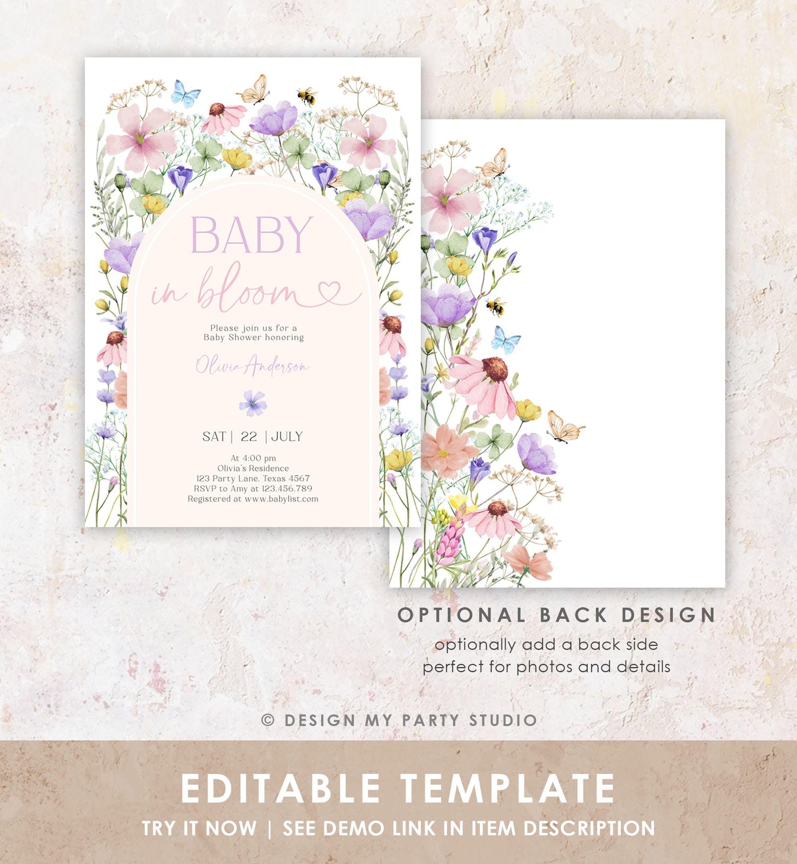 Editable Baby in Bloom Invitation Wildflowers Baby Shower Spring Butterflies Wild Flower Instant Download Template Digital Printable 0543