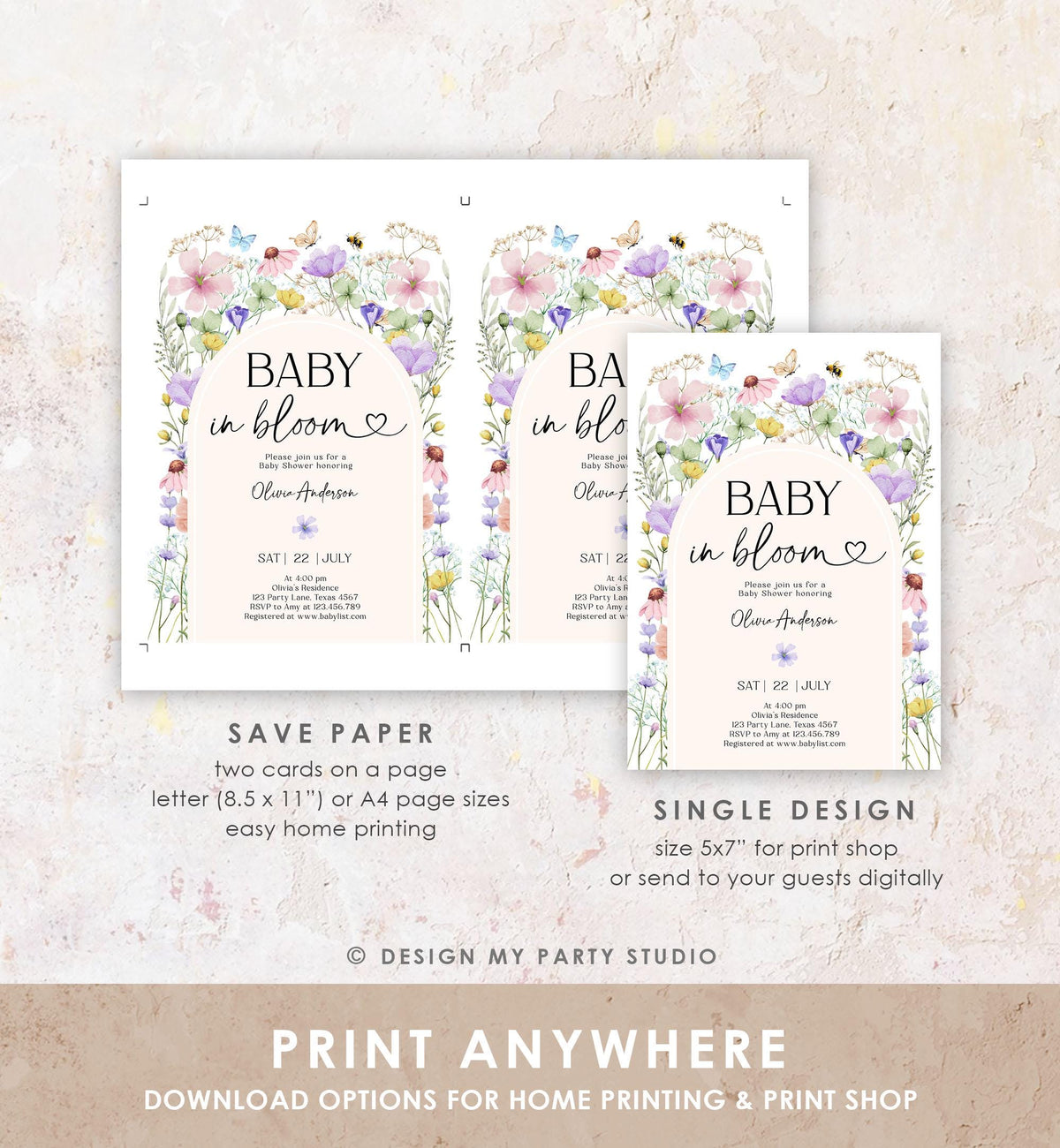 Editable Baby in Bloom Invitation Wildflowers Baby Shower Arch Butterflies Wild Flower Instant Download Template Digital Printable 0543