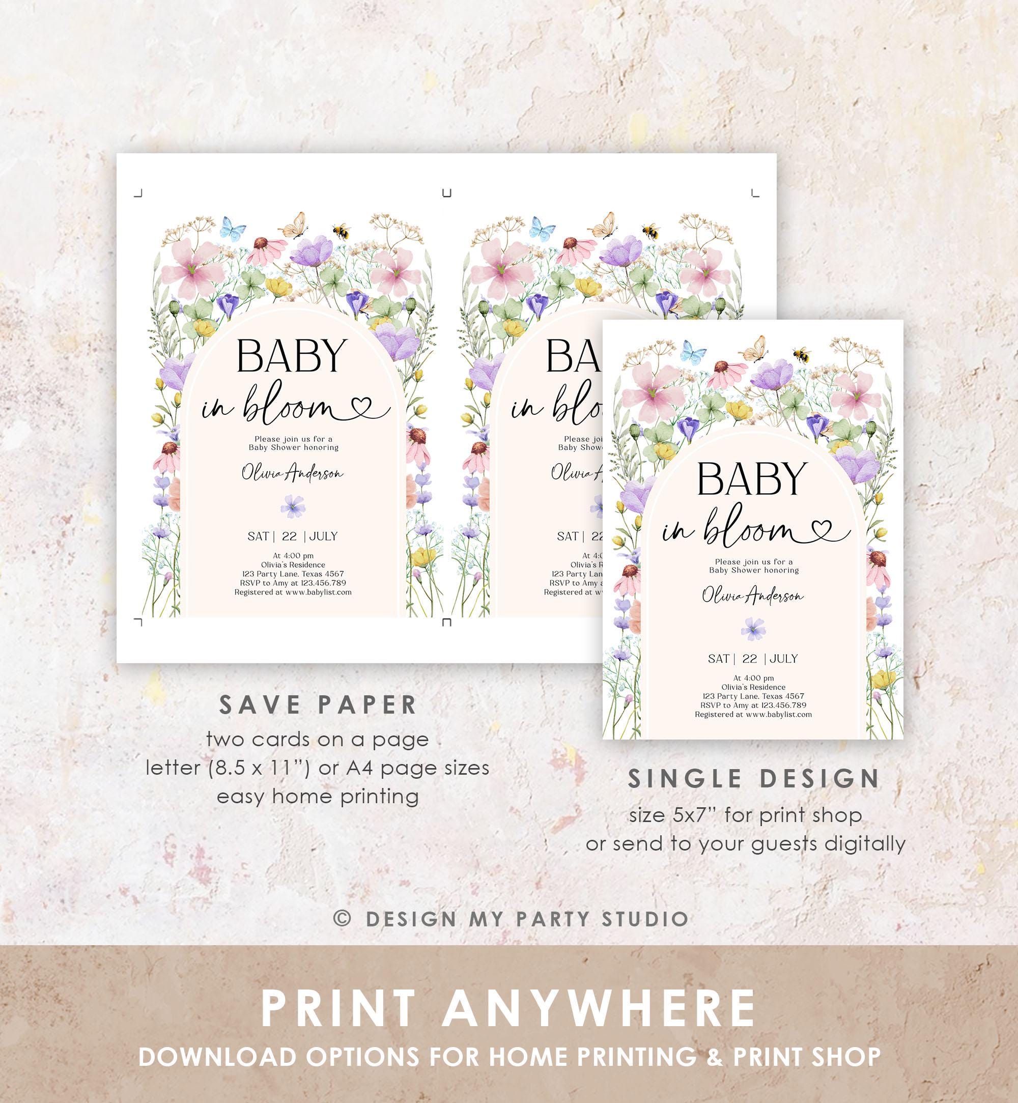 Editable Baby in Bloom Invitation Wildflowers Baby Shower Arch Butterflies Wild Flower Instant Download Template Digital Printable 0543