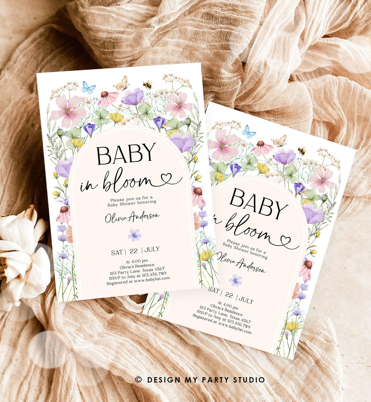Editable Baby in Bloom Invitation Wildflowers Baby Shower Arch Butterflies Wild Flower Instant Download Template Digital Printable 0543
