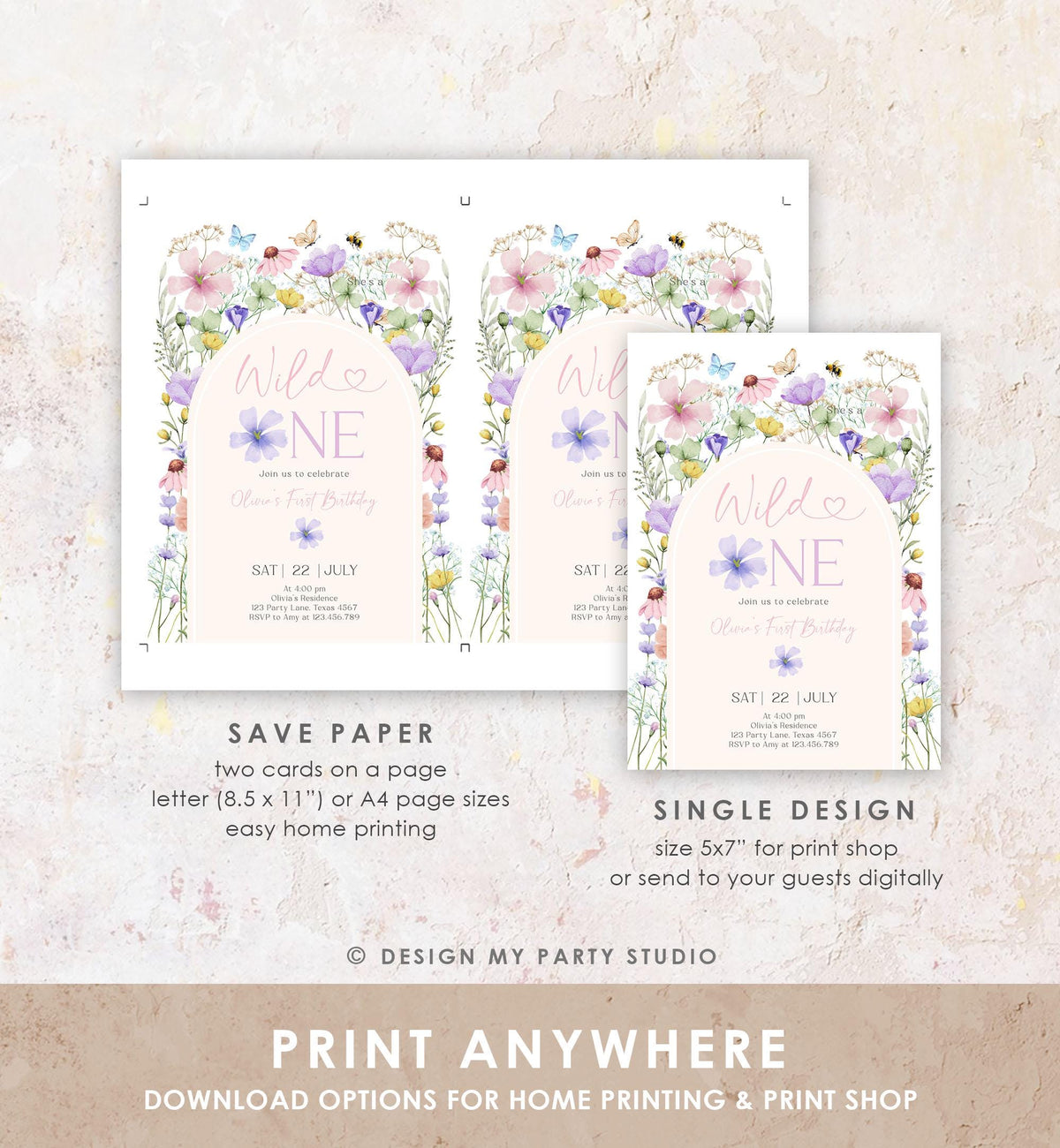 Editable Wildflower Wild One Birthday Invitation Floral 1st Birthday Daisy Butterfly Meadow Girl Digital Download Template Printable 0543