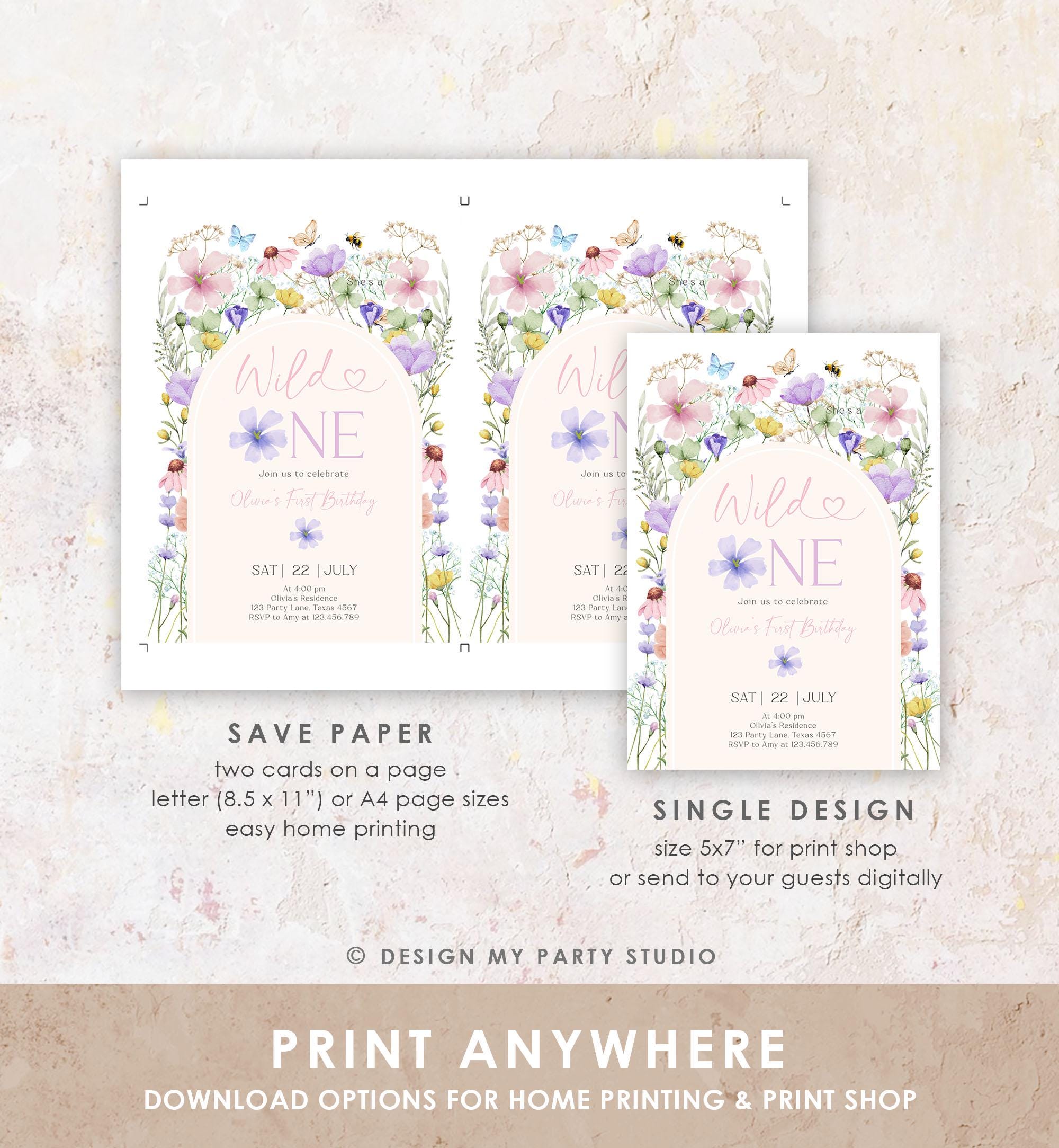 Editable Wildflower Wild One Birthday Invitation Floral 1st Birthday Daisy Butterfly Meadow Girl Digital Download Template Printable 0543