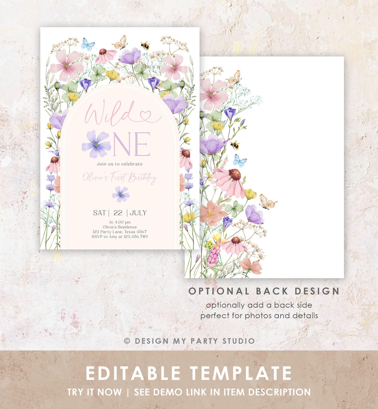 Editable Wildflower Wild One Birthday Invitation Floral 1st Birthday Daisy Butterfly Meadow Girl Digital Download Template Printable 0543