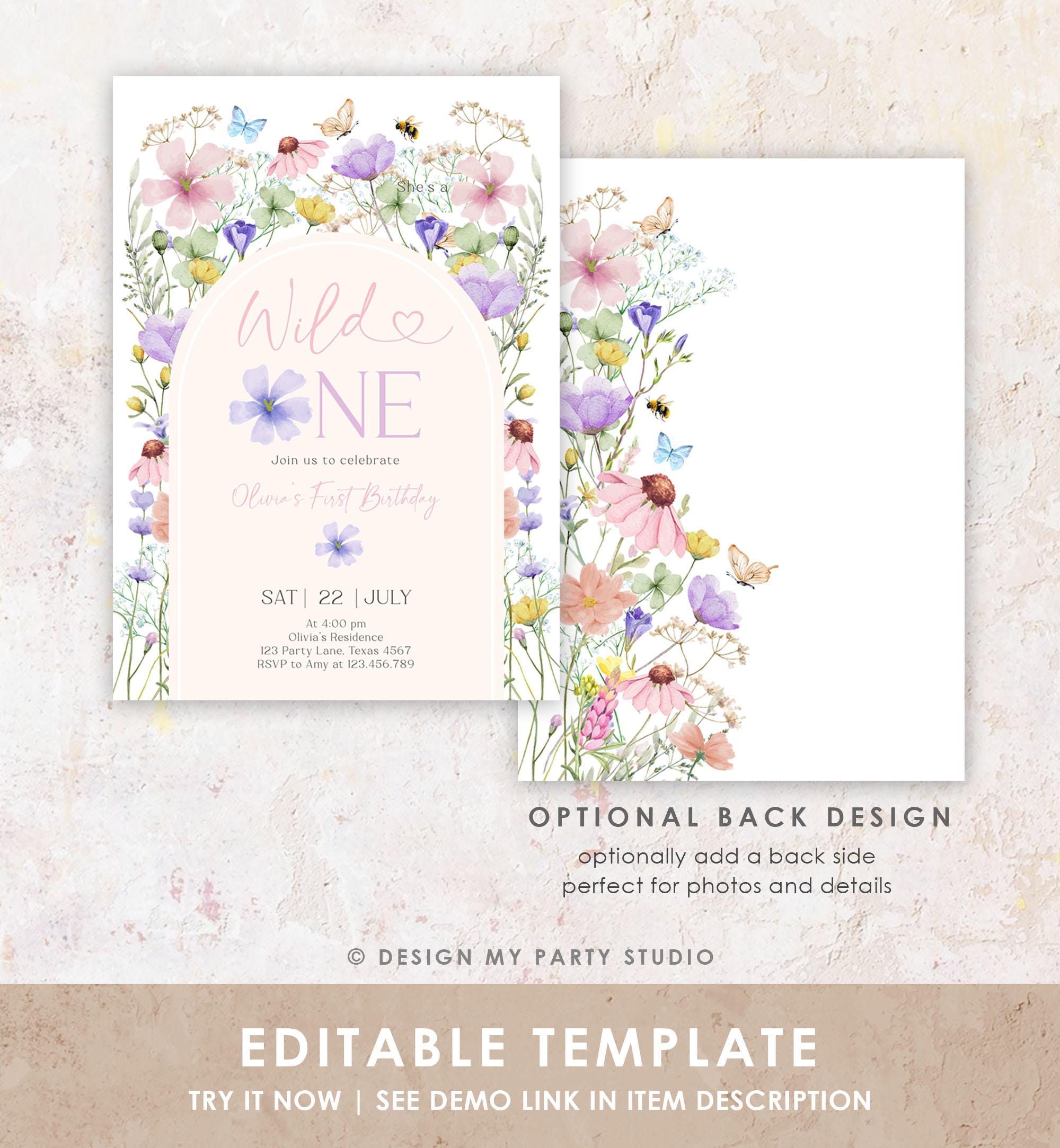 Editable Wildflower Wild One Birthday Invitation Floral 1st Birthday Daisy Butterfly Meadow Girl Digital Download Template Printable 0543