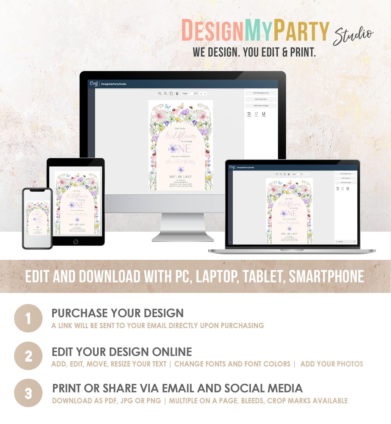 Editable Wildflowers Birthday Invitation Floral 1st Birthday Party Invite Garden Birthday Girl Digital Download Template Printable 0543