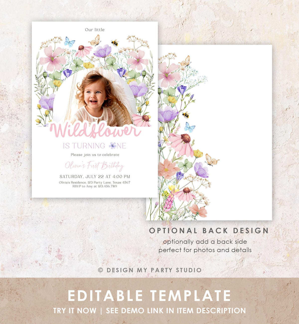 Editable Wildflowers Birthday Invitation Floral 1st Birthday Party Invite Garden Birthday Girl Digital Download Template Printable 0543
