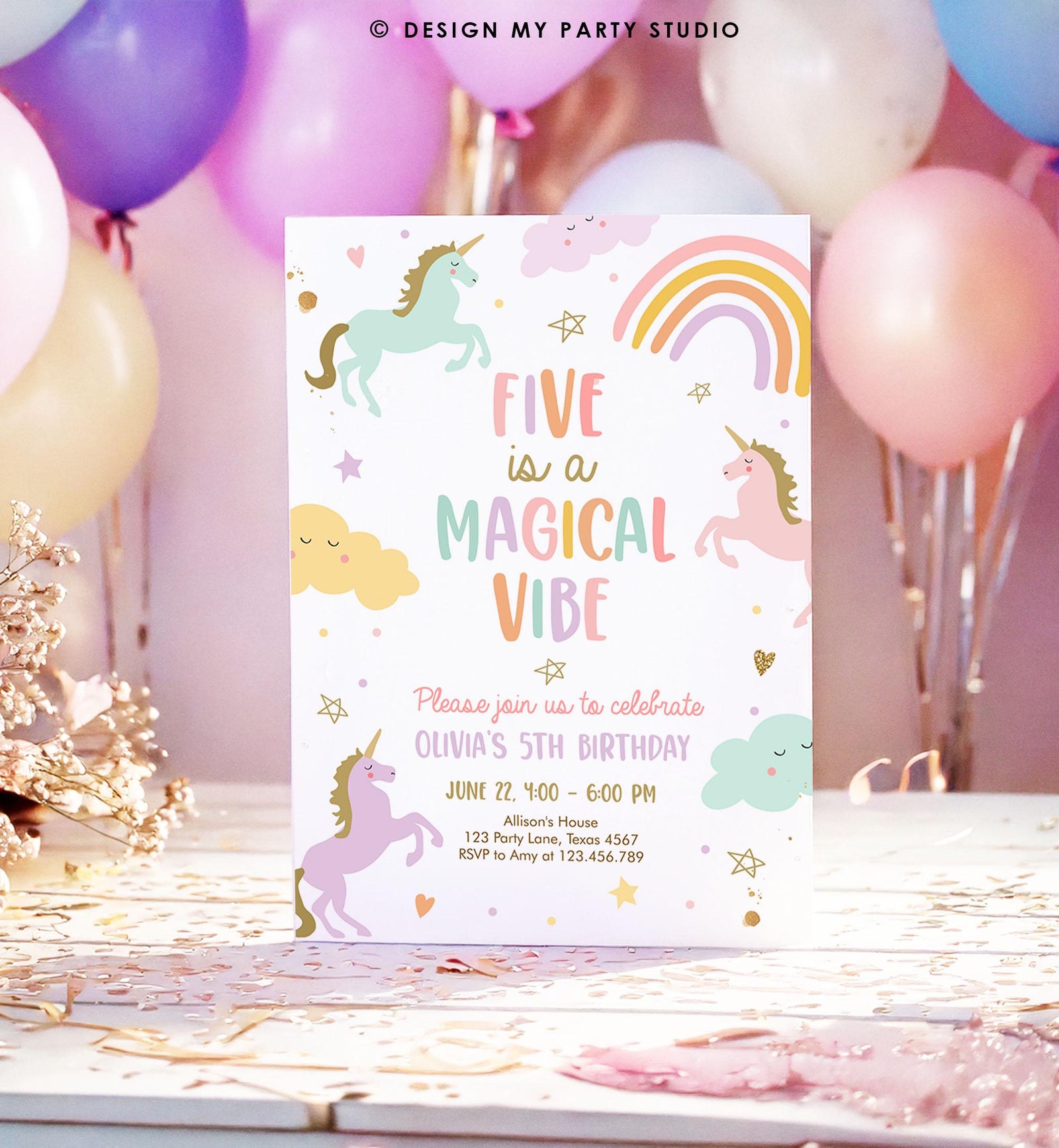 Editable Unicorn Birthday Invitation 5th Five is a Magical Vibe Magical Party Invite Girl Pastel Birthday Template Rainbow Download 0426