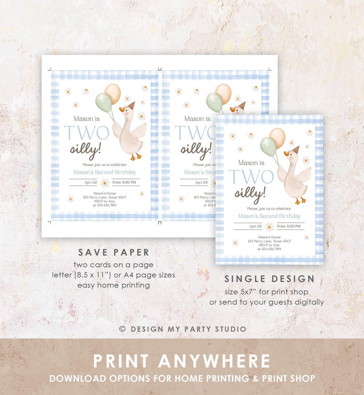 Editable Two Silly Goose Birthday Invitation Blue Boy Spring Birthday Party Farm Goose 2nd Birthday Digital Download Template Printable 0540