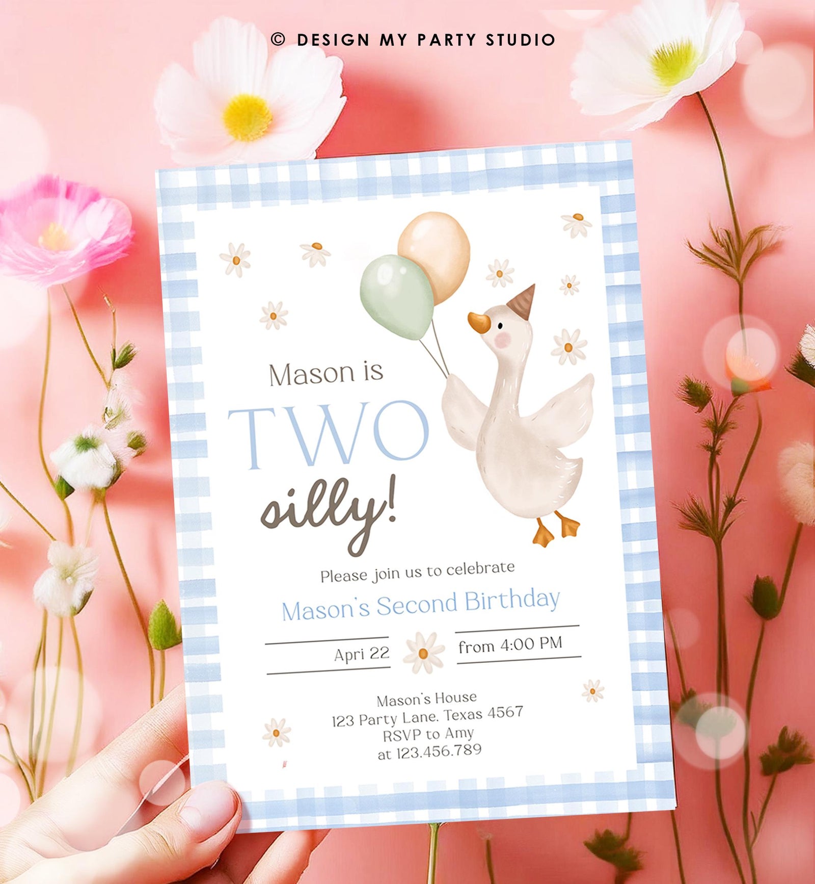 Editable Two Silly Goose Birthday Invitation Blue Boy Spring Birthday Party Farm Goose 2nd Birthday Digital Download Template Printable 0540