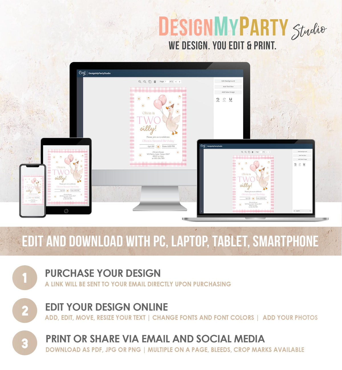 Editable Two Silly Goose Birthday Invitation Pink Girl Spring Birthday Party Goose 2nd Birthday Digital Download Template Printable 0540