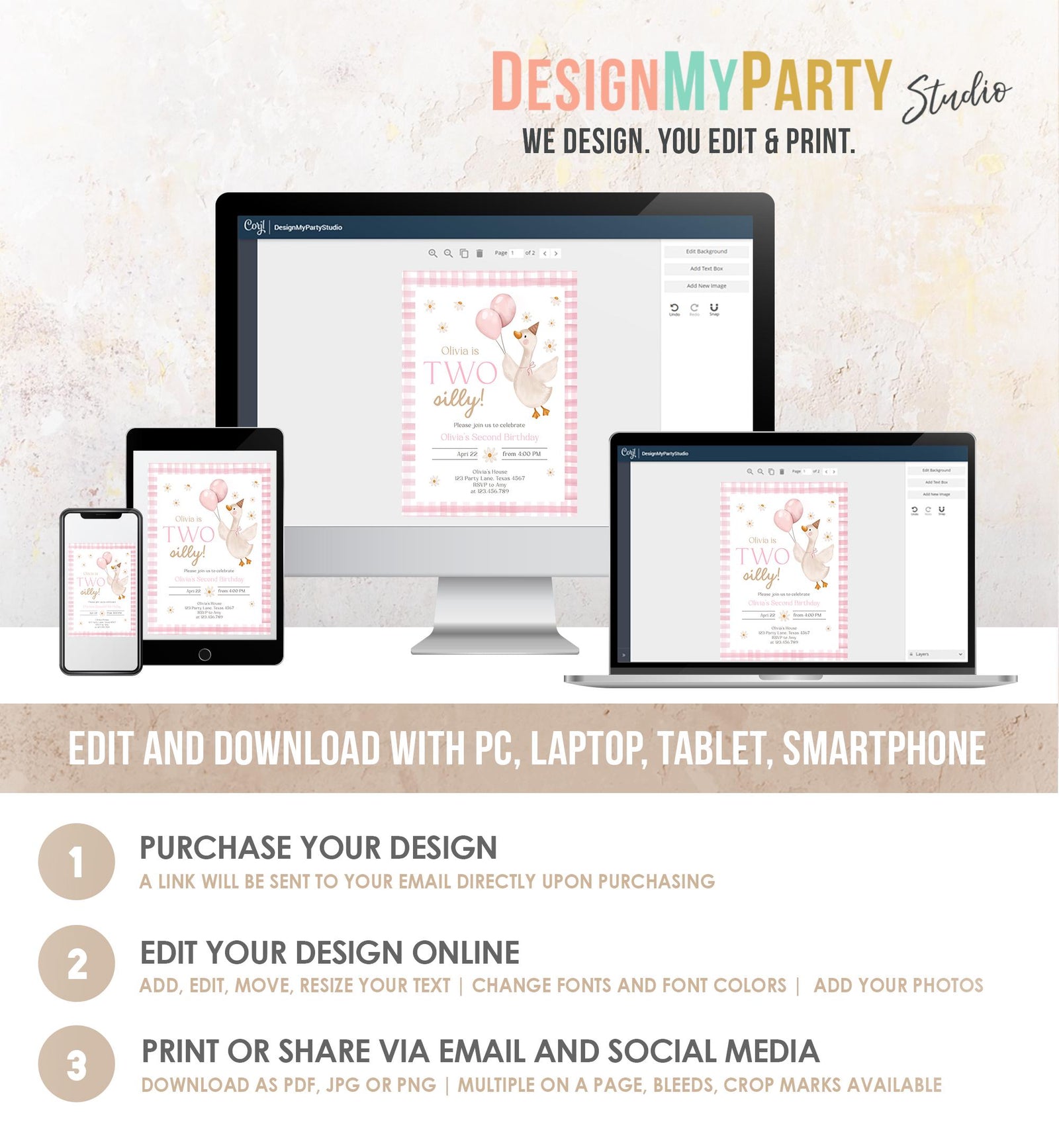 Editable Two Silly Goose Birthday Invitation Pink Girl Spring Birthday Party Goose 2nd Birthday Digital Download Template Printable 0540