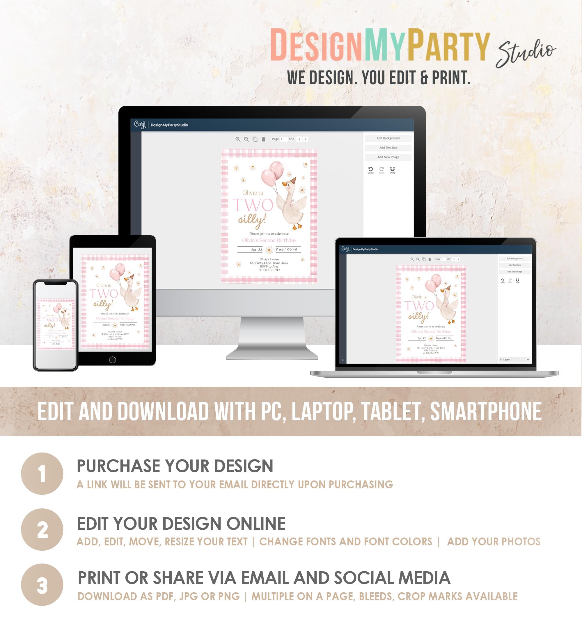 Editable Two Silly Goose Birthday Invitation Pink Girl Spring Birthday Party Goose 2nd Birthday Digital Download Template Printable 0540