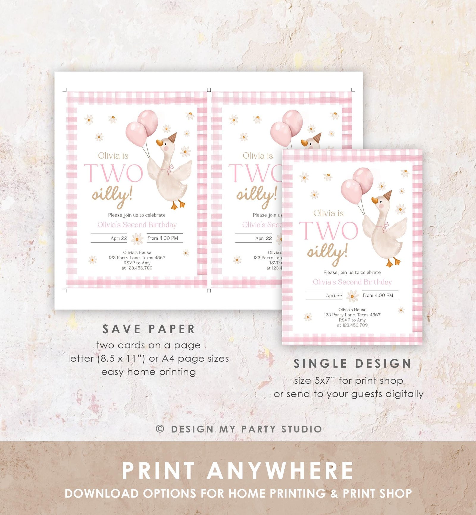 Editable Two Silly Goose Birthday Invitation Pink Girl Spring Birthday Party Goose 2nd Birthday Digital Download Template Printable 0540