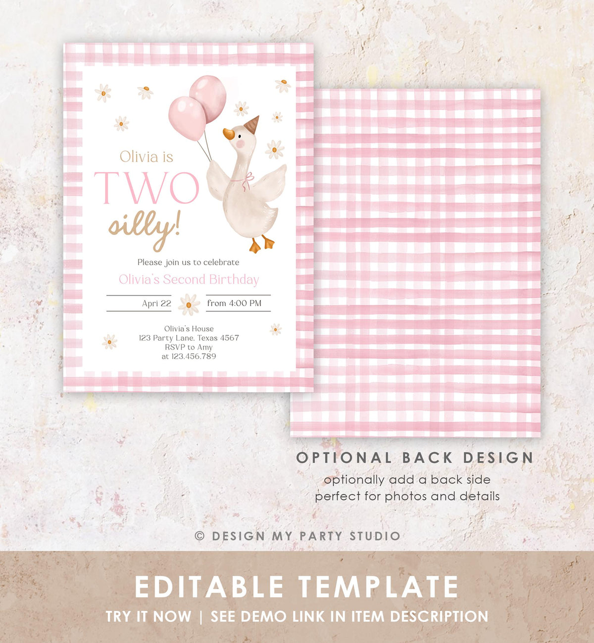 Editable Two Silly Goose Birthday Invitation Pink Girl Spring Birthday Party Goose 2nd Birthday Digital Download Template Printable 0540