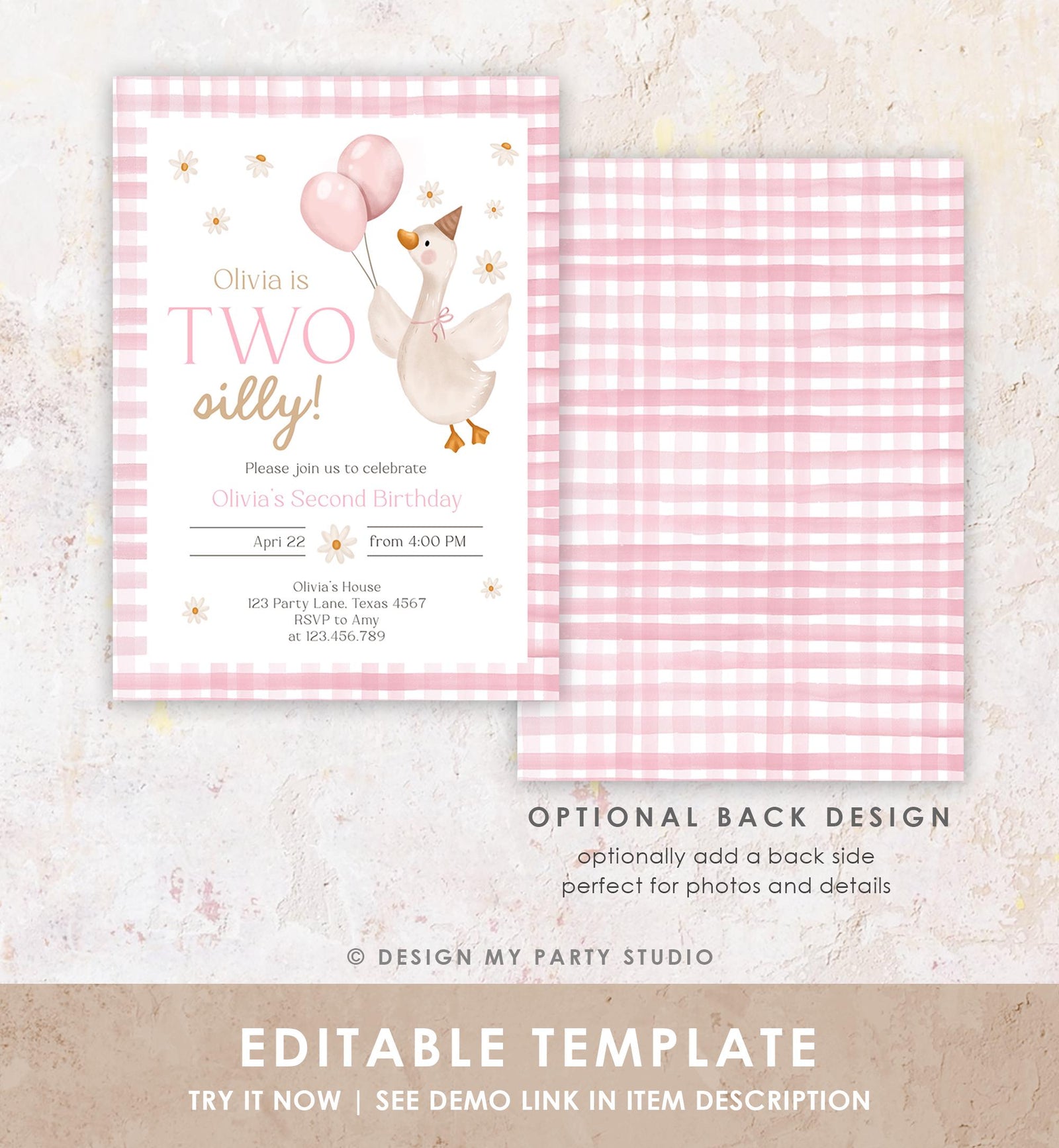 Editable Two Silly Goose Birthday Invitation Pink Girl Spring Birthday Party Goose 2nd Birthday Digital Download Template Printable 0540
