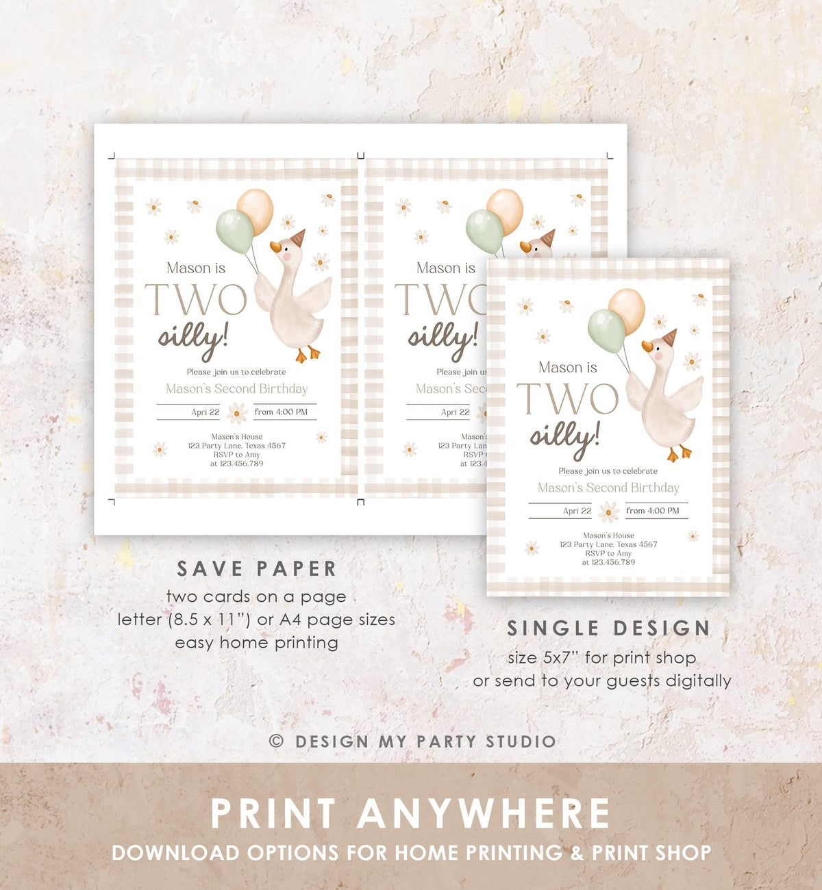 Editable Two Silly Goose Birthday Invitation Girl Boy Spring Birthday Party Farm Goose 2nd Birthday Digital Download Template Printable 0540