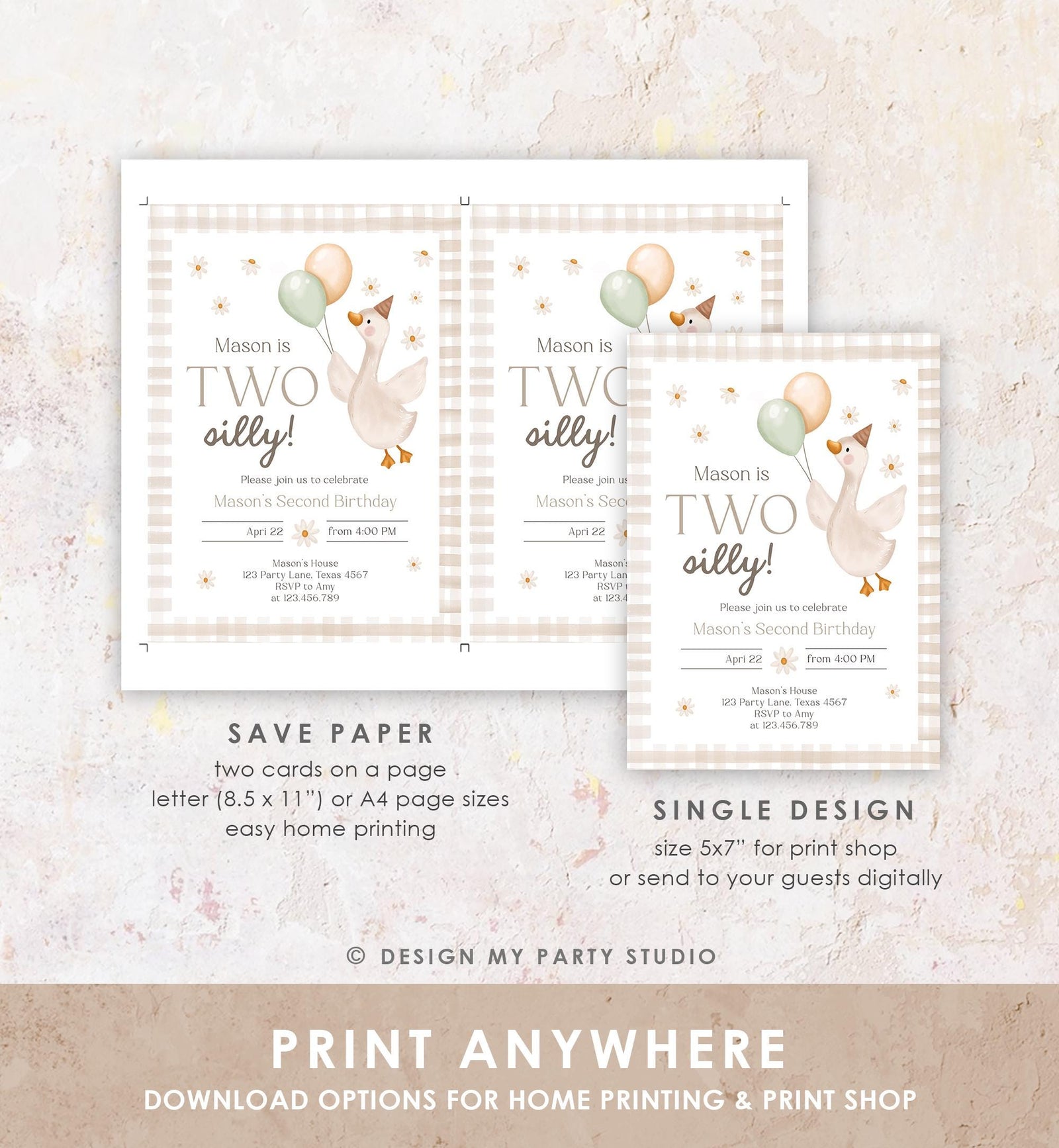 Editable Two Silly Goose Birthday Invitation Girl Boy Spring Birthday Party Farm Goose 2nd Birthday Digital Download Template Printable 0540