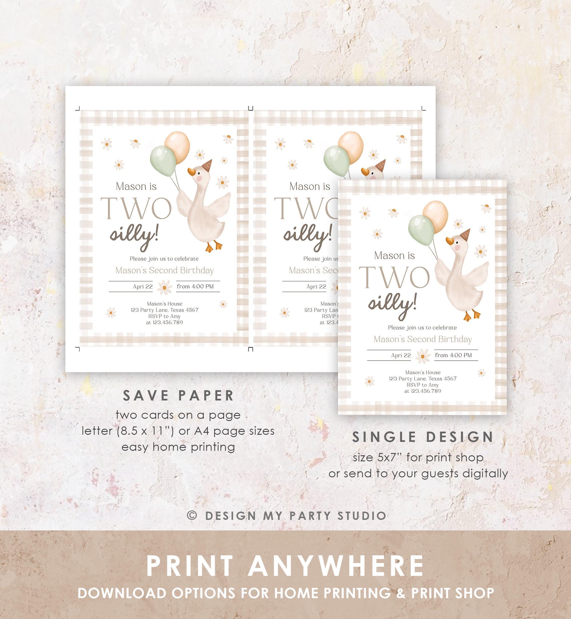 Editable Two Silly Goose Birthday Invitation Girl Boy Spring Birthday Party Farm Goose 2nd Birthday Digital Download Template Printable 0540