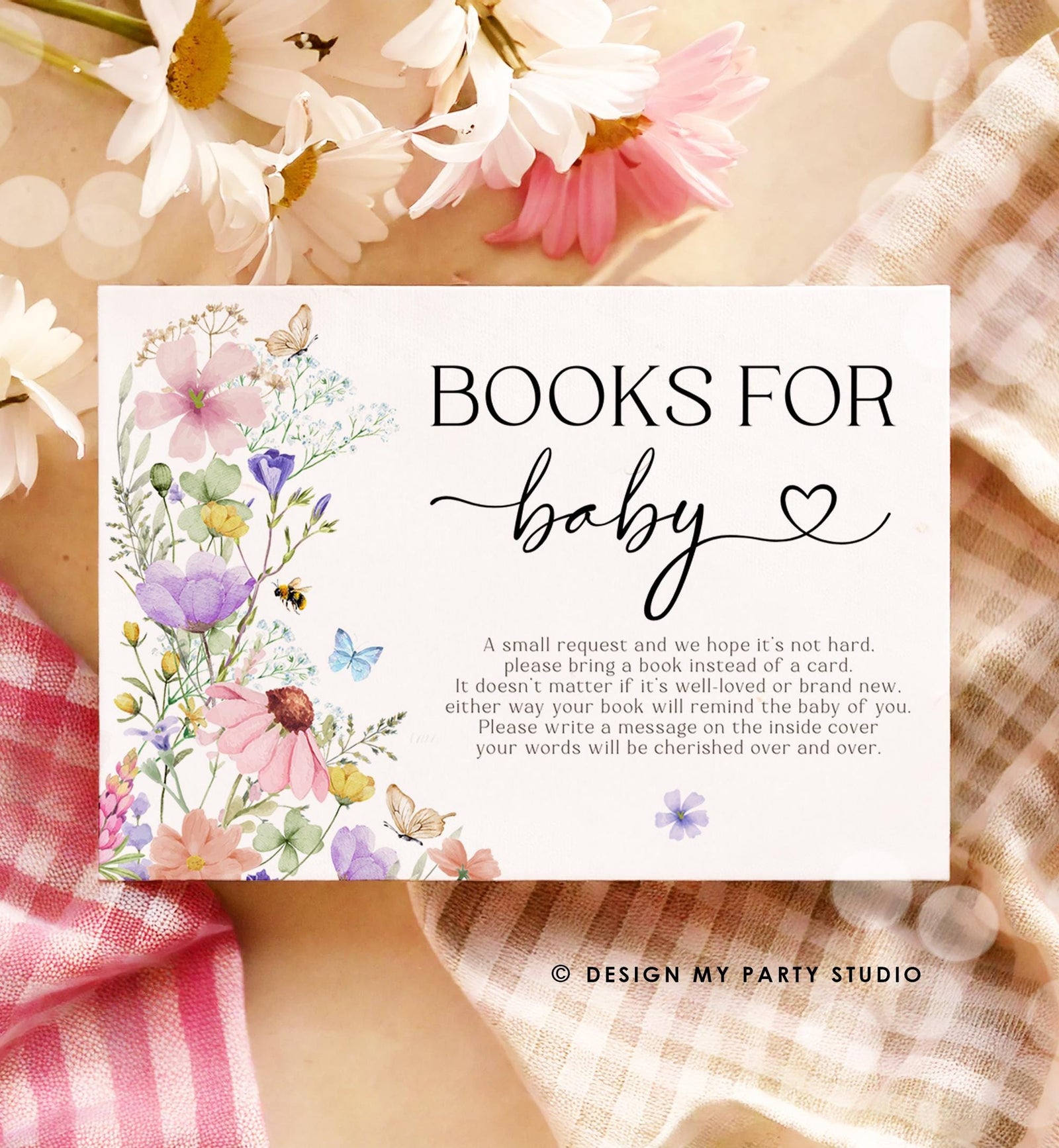 Editable Baby in Bloom Bring a Book Card Bloom Baby Shower Book Insert Books for Baby Wildflowers Spring Digital Template Printable 0543