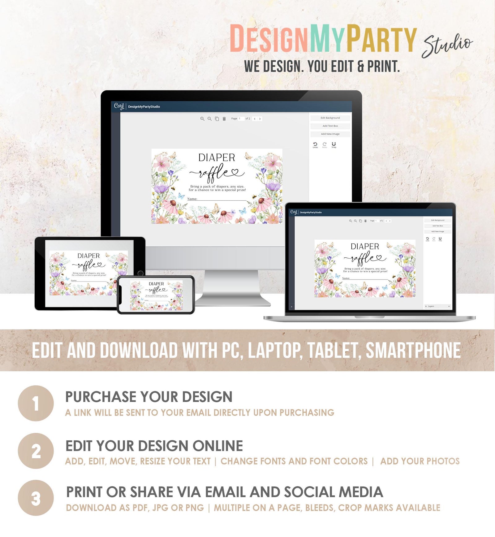 Editable Baby in Bloom Diaper Raffle Ticket Bloom Baby Shower Wildflowers Diaper Game Spring Diaper Ticket Digital Template Printable 0543