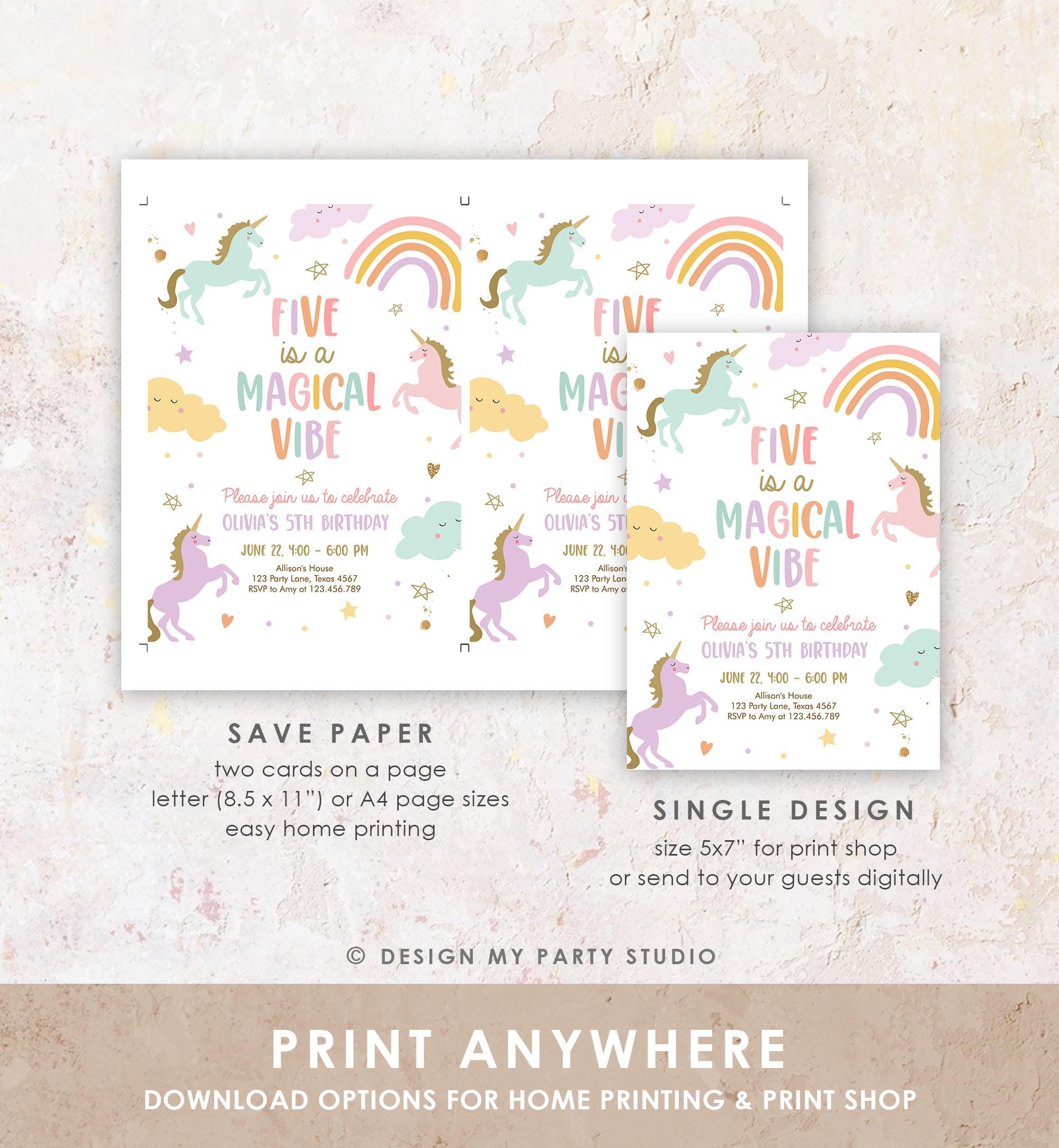 Editable Unicorn Birthday Invitation 5th Five is a Magical Vibe Magical Party Invite Girl Pastel Birthday Template Rainbow Download 0426