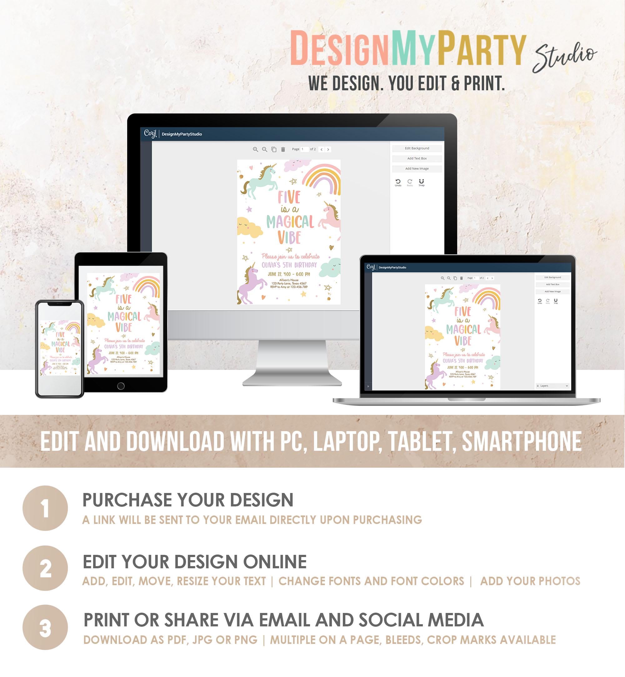 Editable Unicorn Birthday Invitation 5th Five is a Magical Vibe Magical Party Invite Girl Pastel Birthday Template Rainbow Download 0426