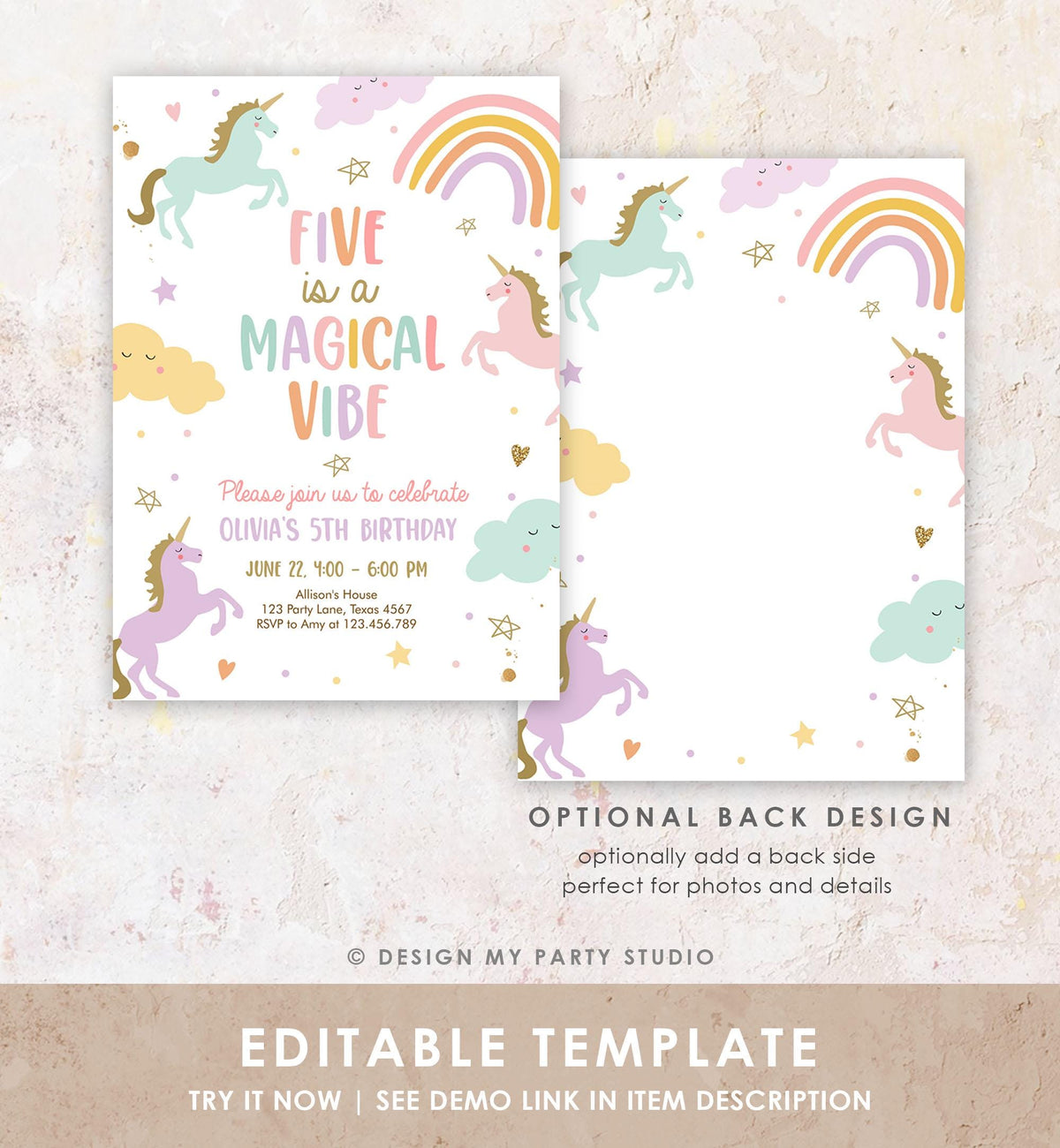Editable Unicorn Birthday Invitation 5th Five is a Magical Vibe Magical Party Invite Girl Pastel Birthday Template Rainbow Download 0426