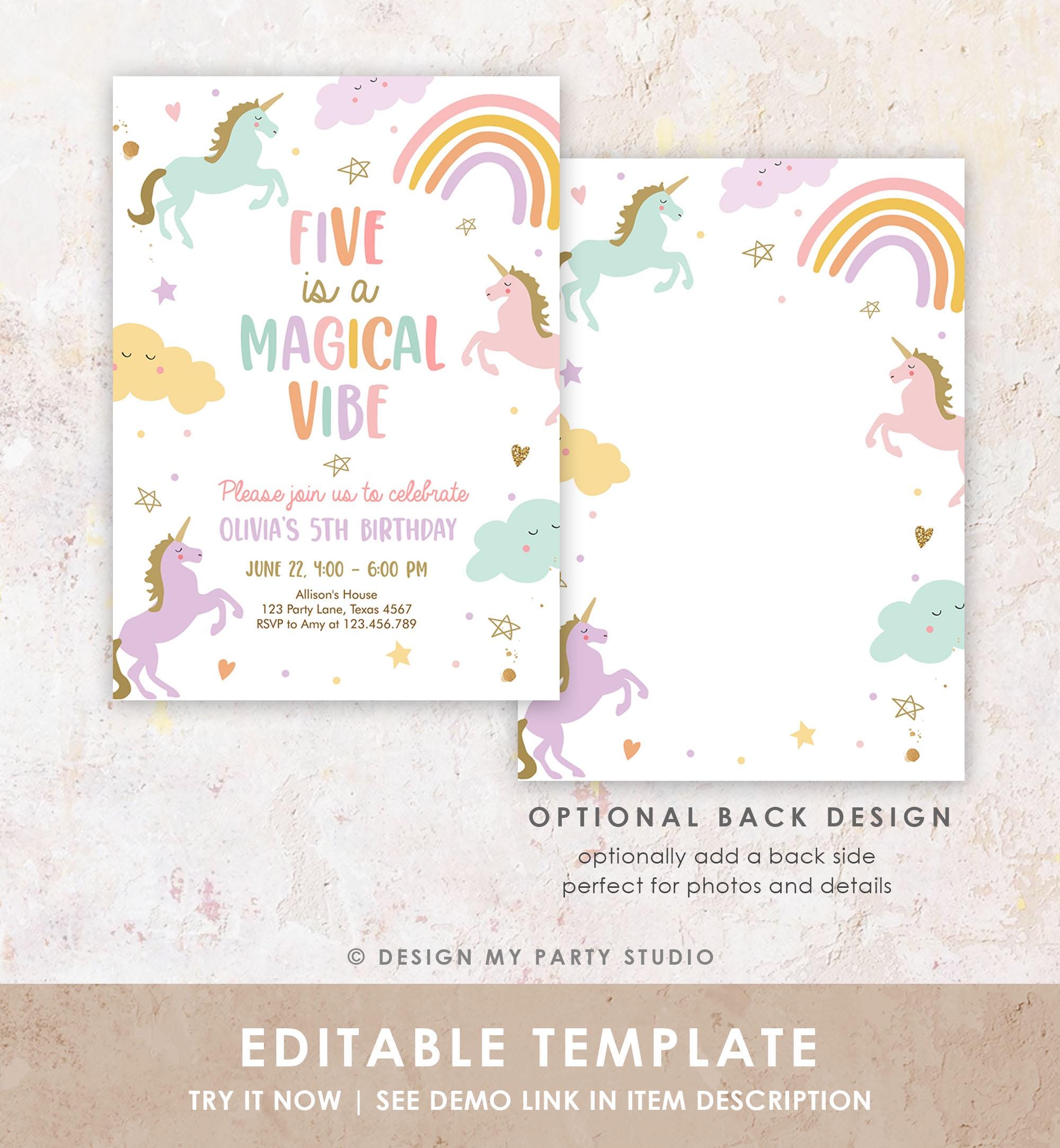 Editable Unicorn Birthday Invitation 5th Five is a Magical Vibe Magical Party Invite Girl Pastel Birthday Template Rainbow Download 0426
