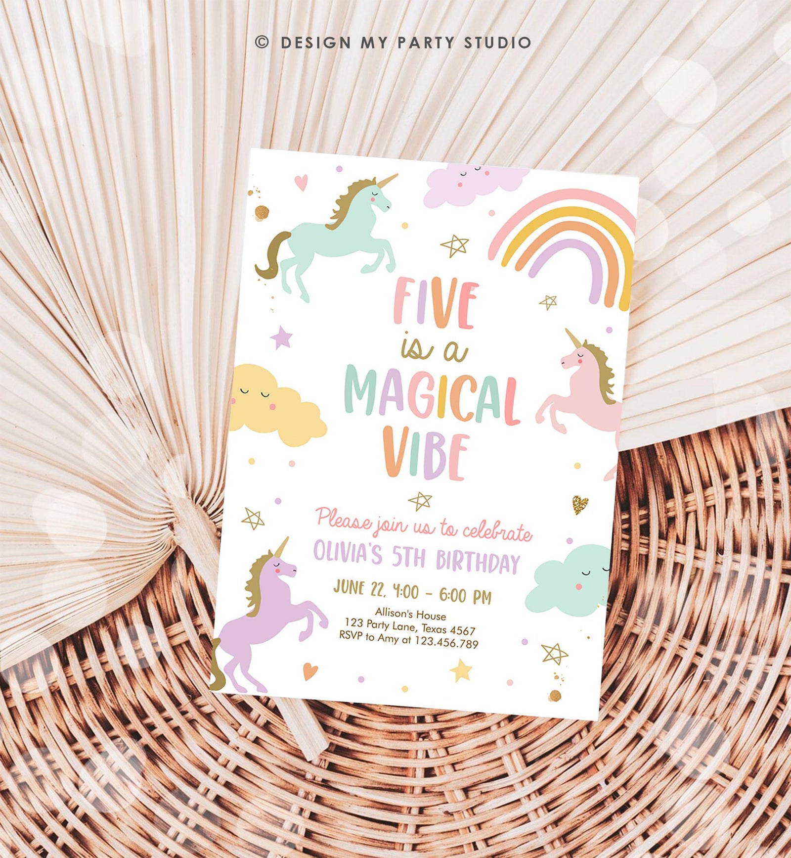 Editable Unicorn Birthday Invitation 5th Five is a Magical Vibe Magical Party Invite Girl Pastel Birthday Template Rainbow Download 0426