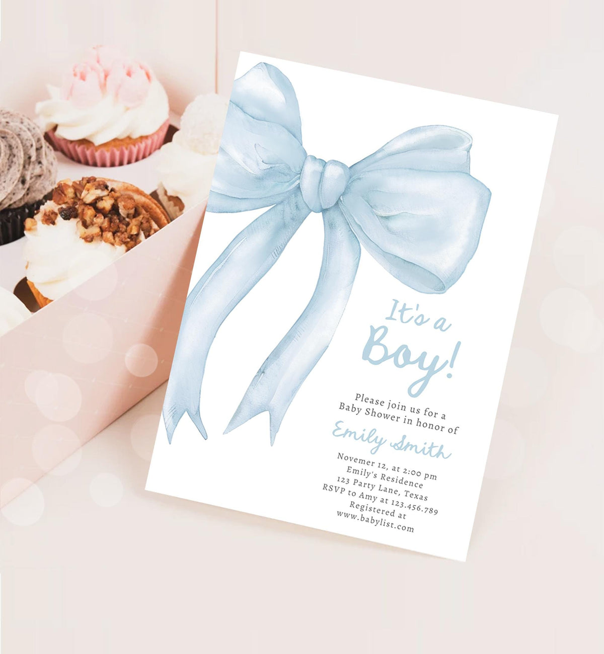 Editable Blue Bow Baby Shower Invitation It&#39;s a Boy Blue Coquette Baby Shower Preppy Minimalist Digital Template Download Printable 0527