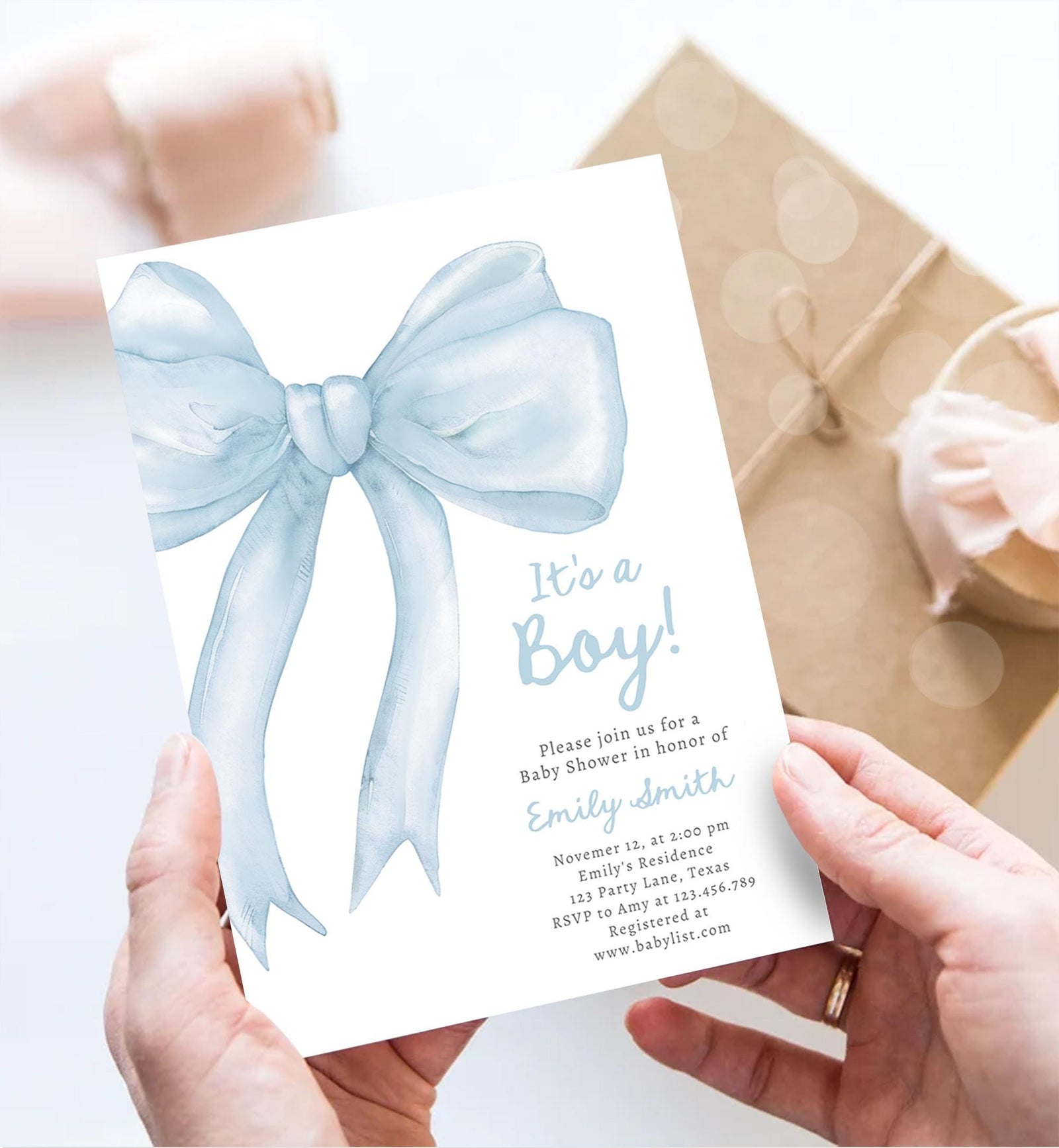 Editable Blue Bow Baby Shower Invitation It's a Boy Blue Coquette Baby Shower Preppy Minimalist Digital Template Download Printable 0527