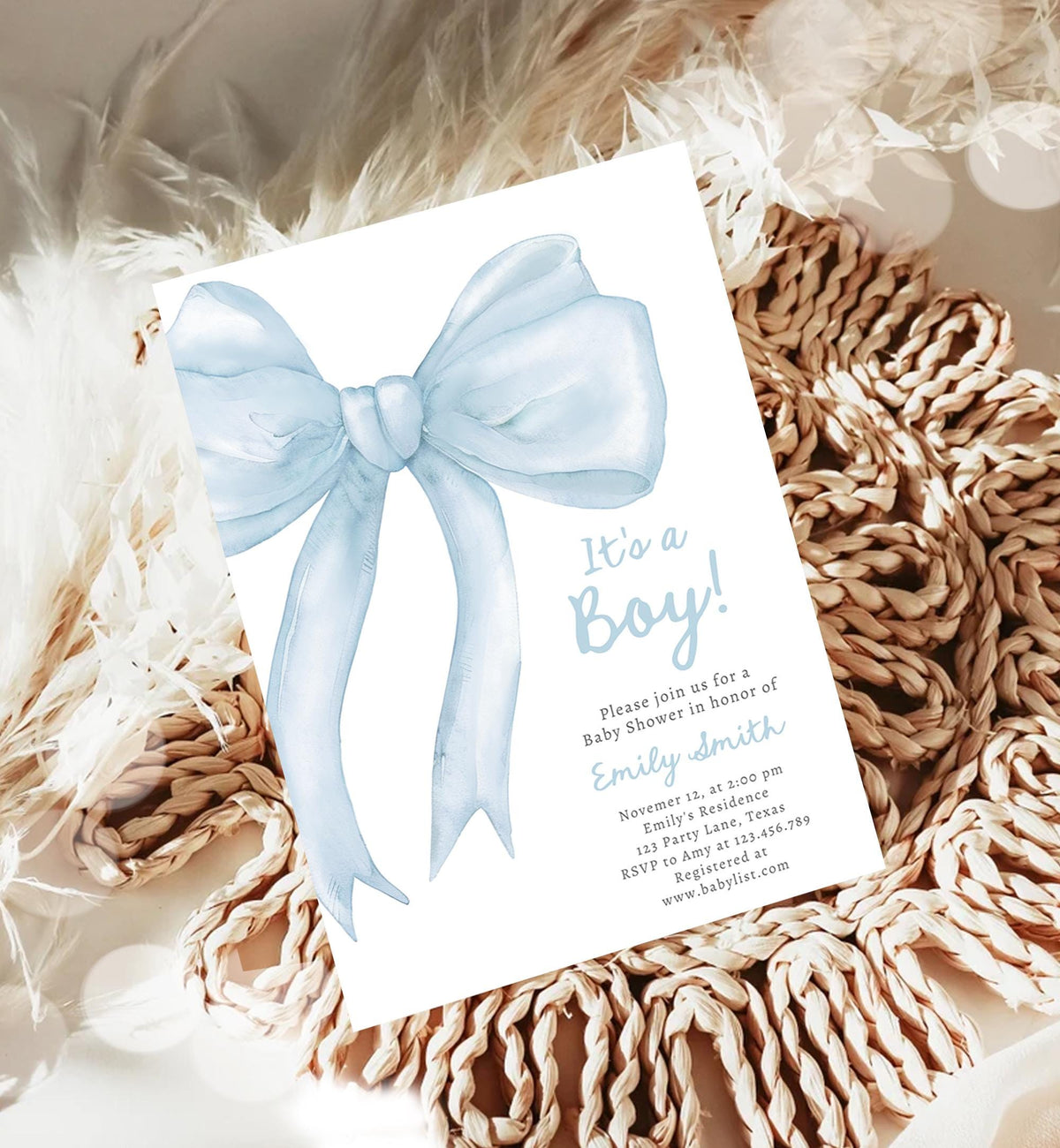 Editable Blue Bow Baby Shower Invitation It&#39;s a Boy Blue Coquette Baby Shower Preppy Minimalist Digital Template Download Printable 0527