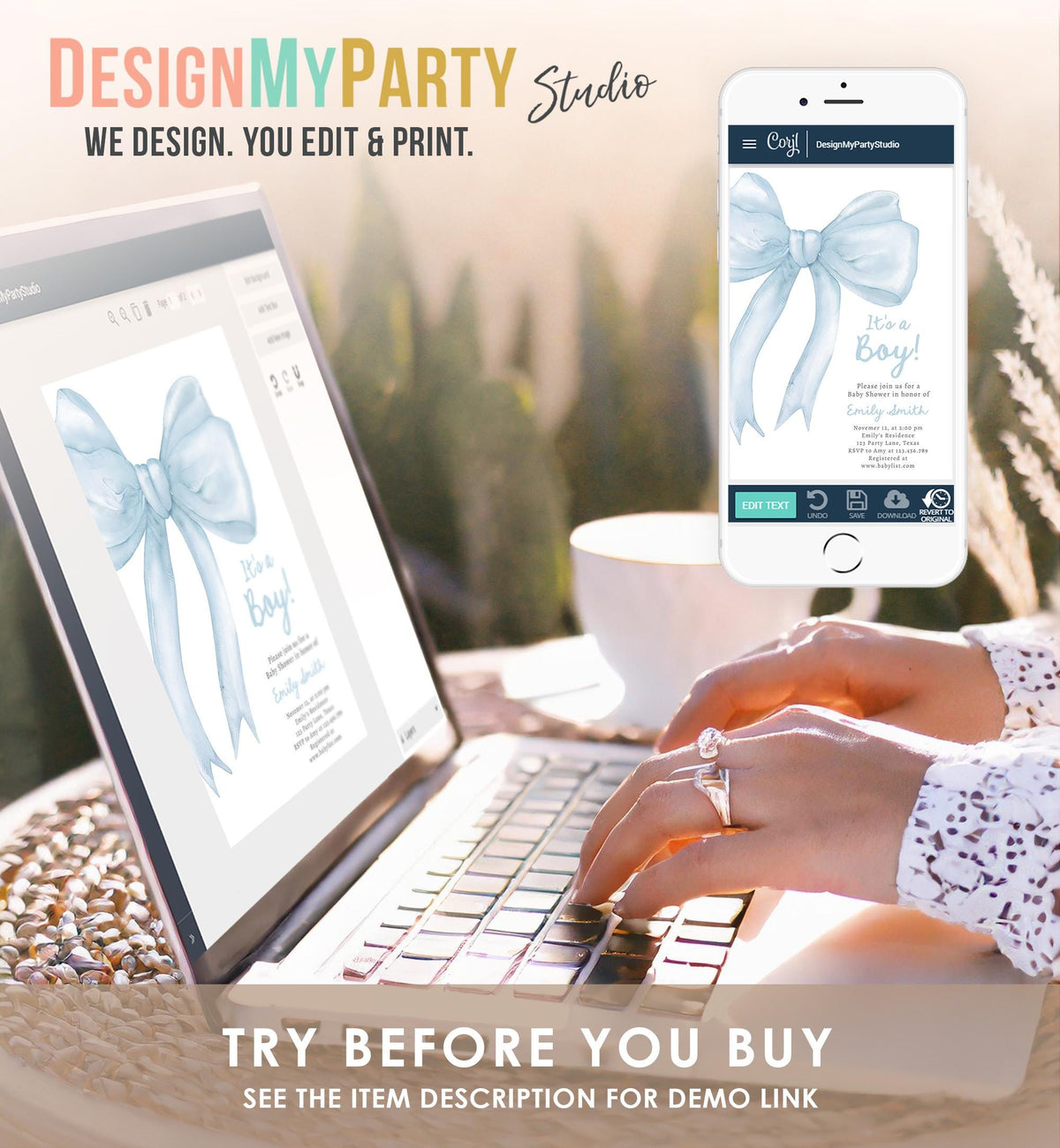 Editable Blue Bow Baby Shower Invitation It&#39;s a Boy Blue Coquette Baby Shower Preppy Minimalist Digital Template Download Printable 0527