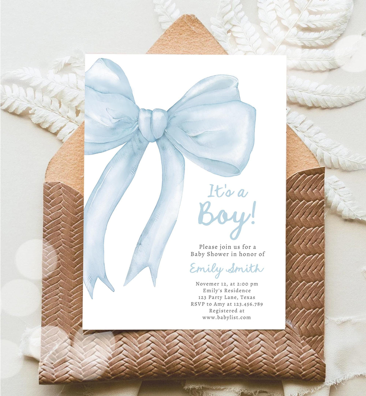 Editable Blue Bow Baby Shower Invitation It&#39;s a Boy Blue Coquette Baby Shower Preppy Minimalist Digital Template Download Printable 0527