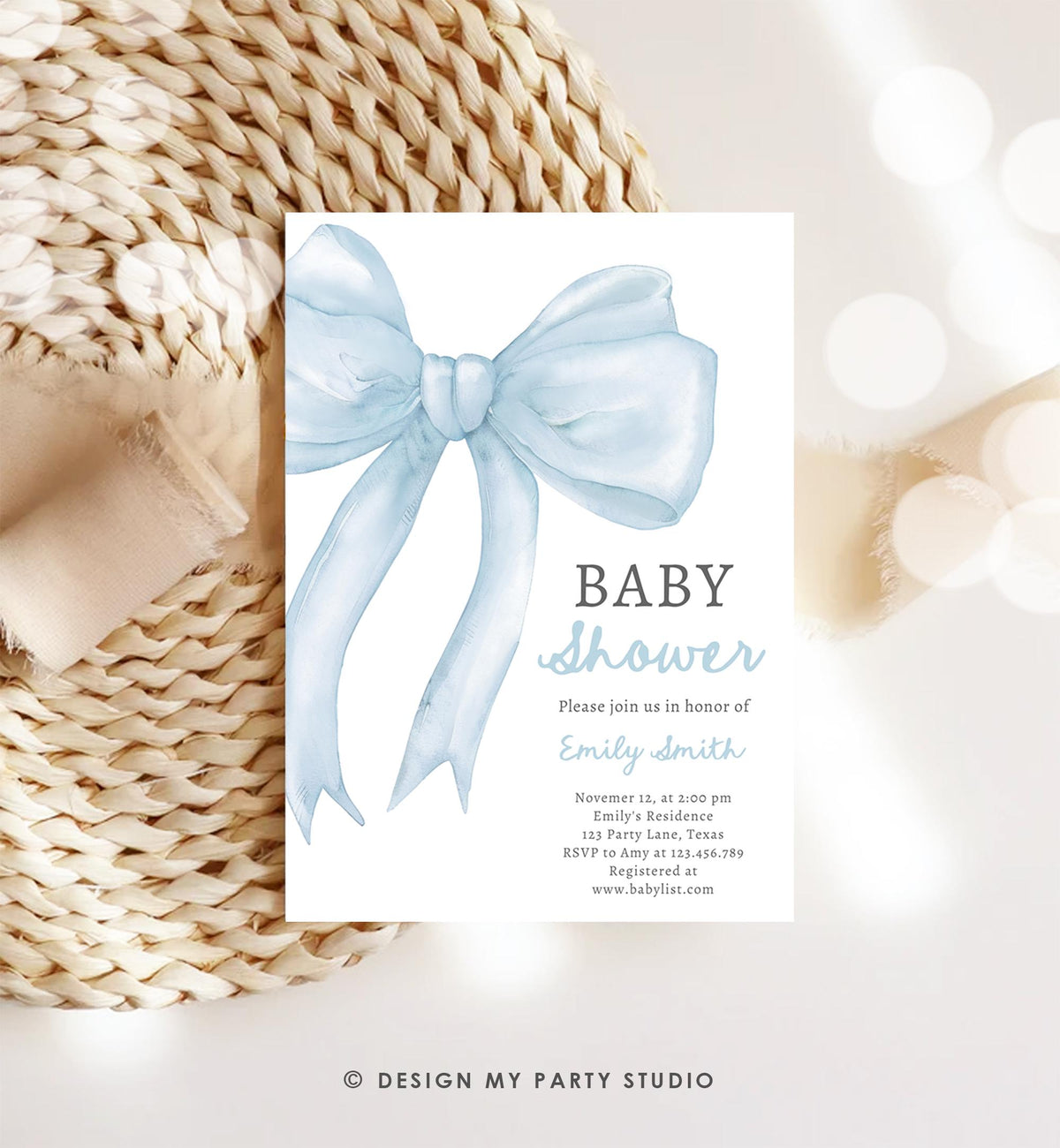 Editable Blue Bow Baby Shower Invitation It&#39;s a Boy Blue Coquette Baby Shower Preppy Minimalist Digital Template Download Printable 0527